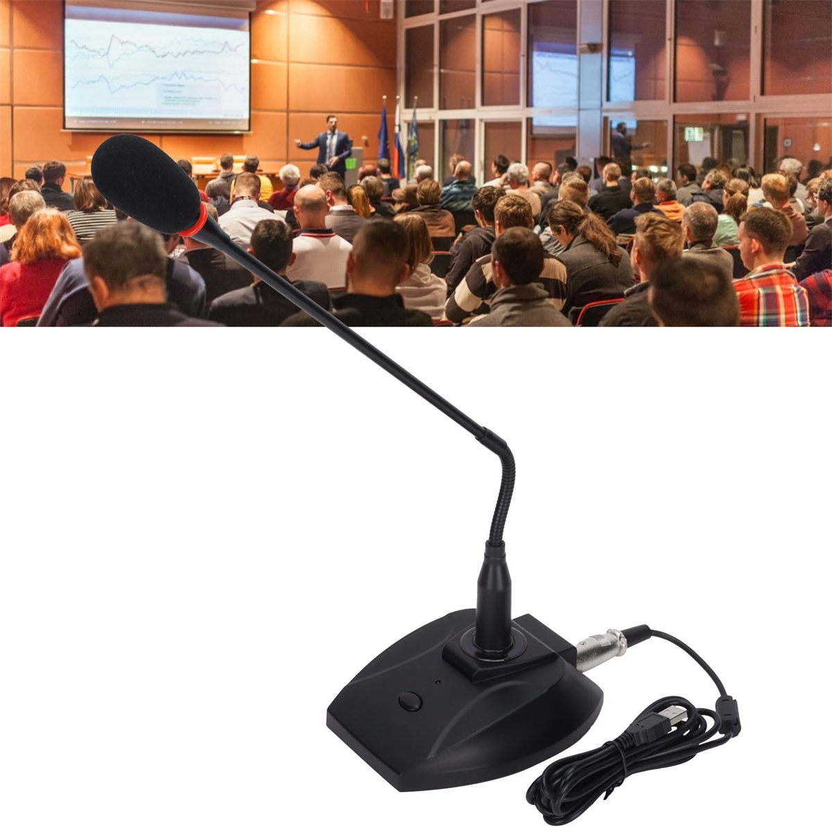 Mikrofon auf Ständer vor einer Konferenzpräsentation. Verschwommener Hintergrund.