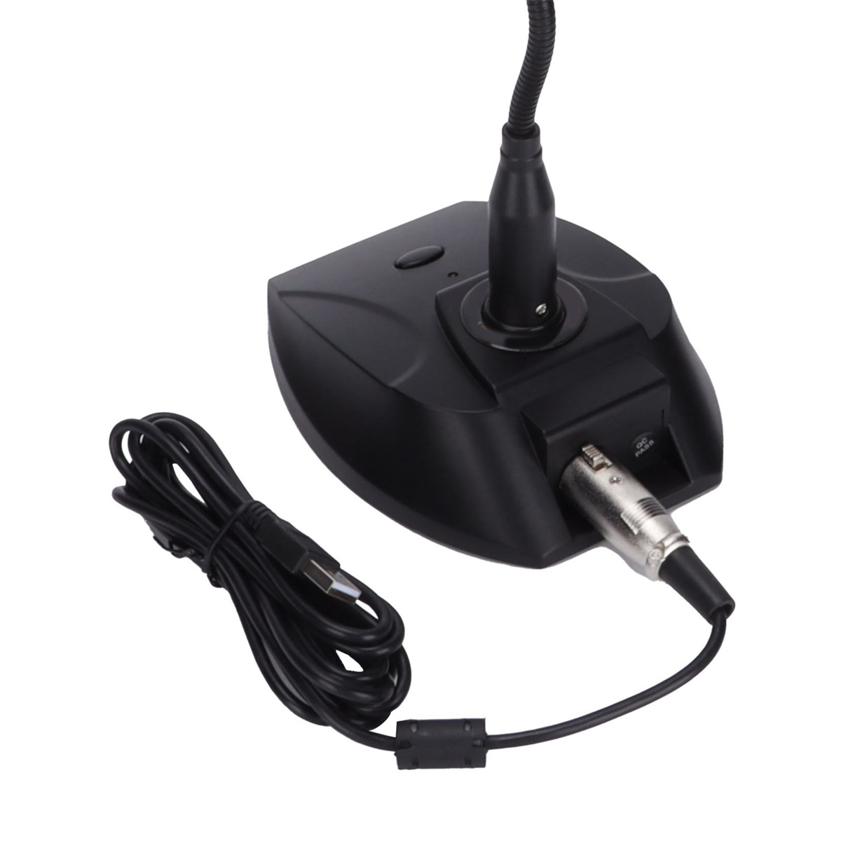 Ein schwarzer Sockel mit Mikrofon, USB- und XLR-Kabel.