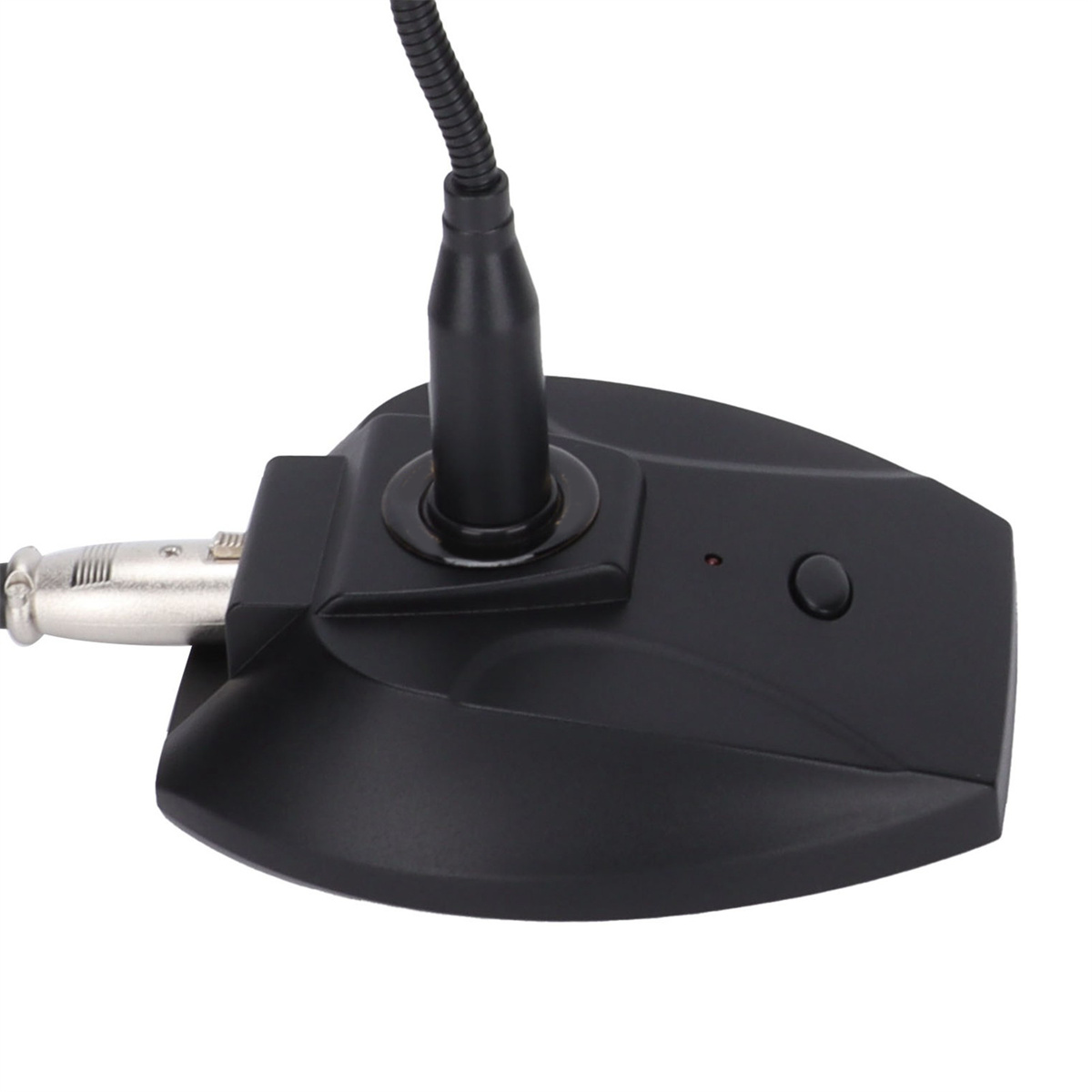 Schwarzer Mikrofonfuß mit schwarzem Schwanenhals und silbernem Stecker. Ein kleiner Knopf am Fuß.
