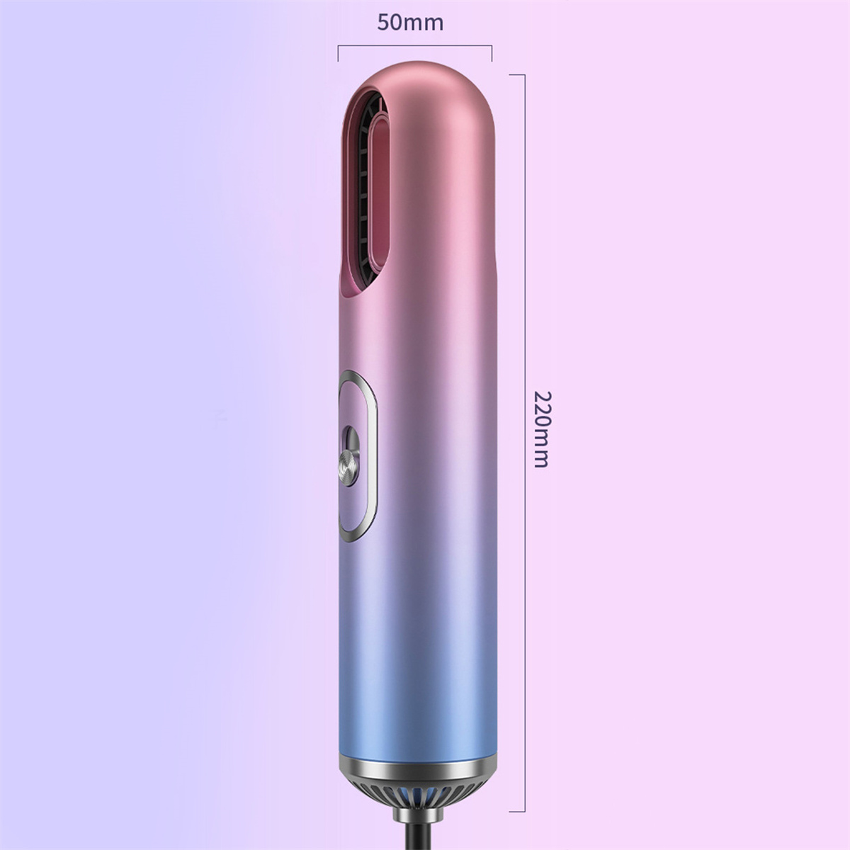 Ein rosa-blauer Haartrockner mit Farbverlauf und Maßangaben.