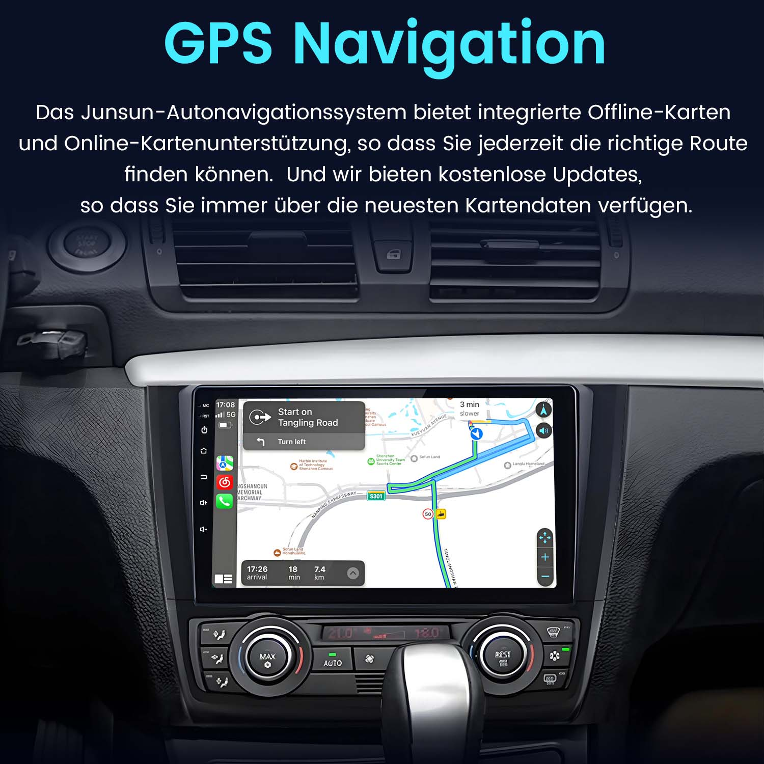 Ekran nawigacji samochodowej pokazujący mapę z nakładką tekstową nawigacji GPS.