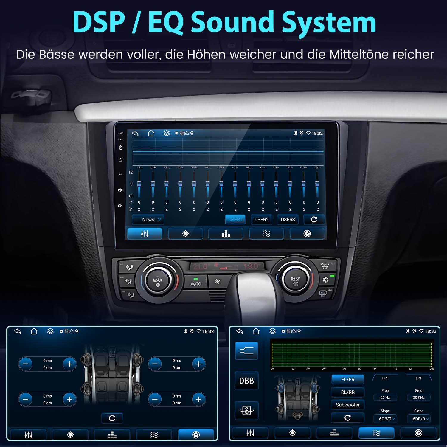 Radio samochodowe z wyświetlaczem systemu dźwiękowego DSP/EQ. Pokazuje deskę rozdzielczą z ustawieniami audio.