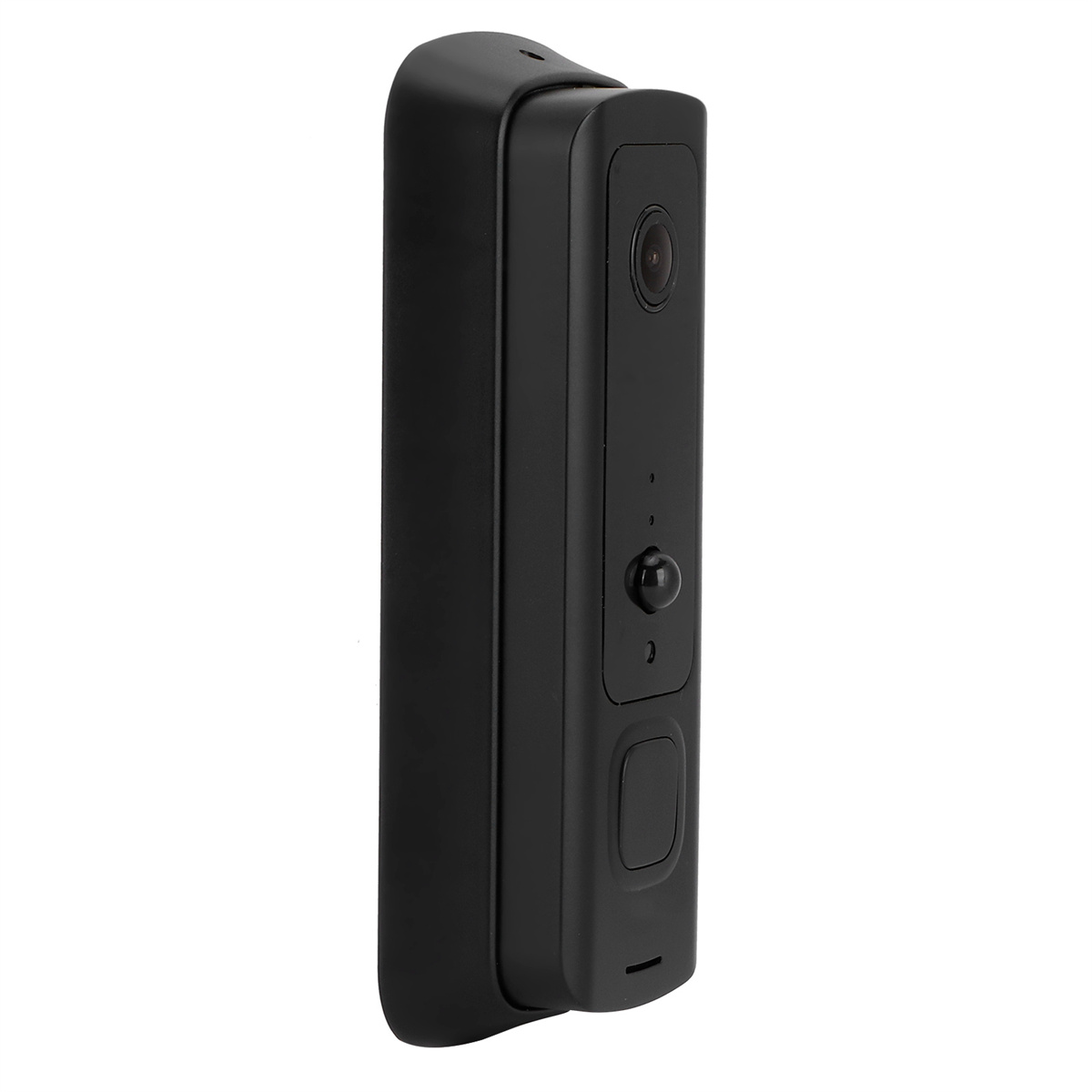 Eine schwarze Türklingelkamera, rechteckige Form, mit Linse, Knopf und kleinem Licht, auf Weiß.