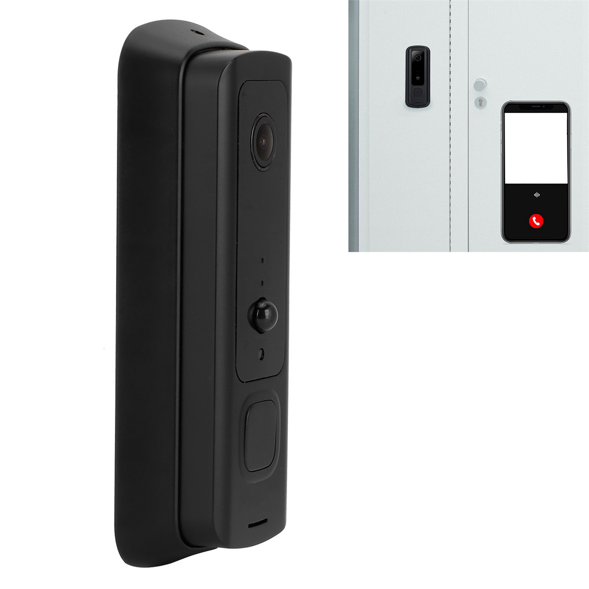 Eine schwarze Türklingelkamera links und ein Smartphone mit Videoanruf rechts. In der Mitte eine Tür.