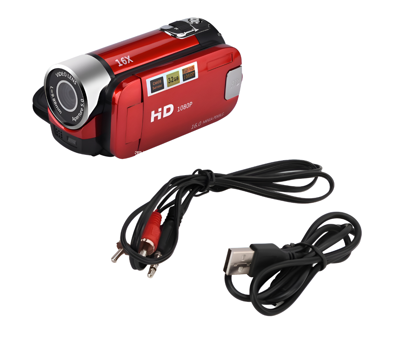 Roter Camcorder mit Kabeln. Text: 16x, HD, 1080P, 32GB. Zubehör enthalten.
