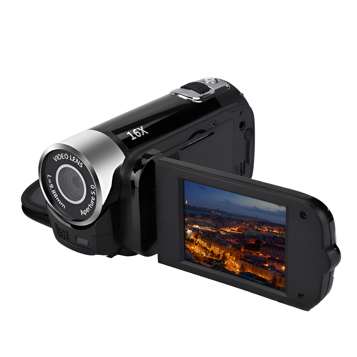 Schwarzer Camcorder mit offenem Bildschirm, der eine Stadtlandschaft bei Nacht zeigt.