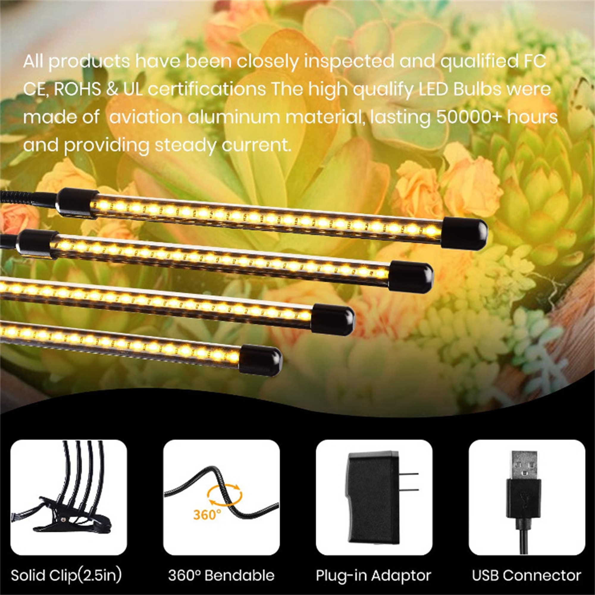 LED-Wachstumslampen mit Sukkulenten-Hintergrund. Merkmale: fester Clip, biegbar, Plug-in-Adapter und USB-Anschluss.