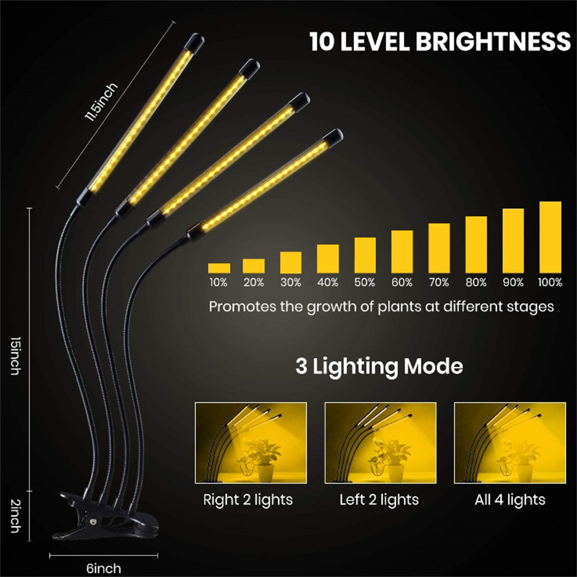 Pflanzenlampe mit 4 flexiblen Armen und Clip. Helligkeit und Beleuchtungsmodi werden angezeigt.