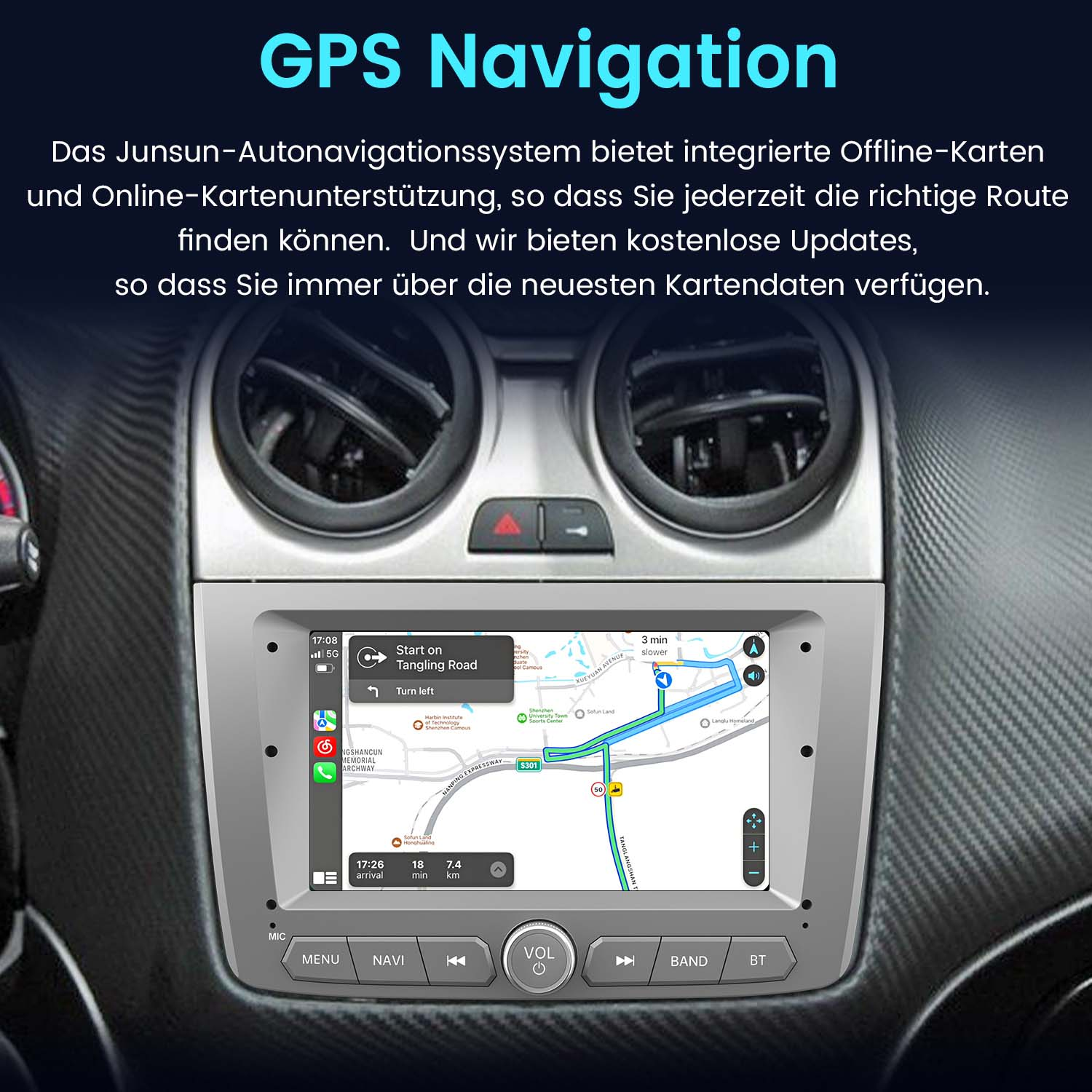 Deska rozdzielcza samochodu pokazuje nawigację GPS z mapą i wskazówkami. Tekst mówi: Nawigacja GPS.