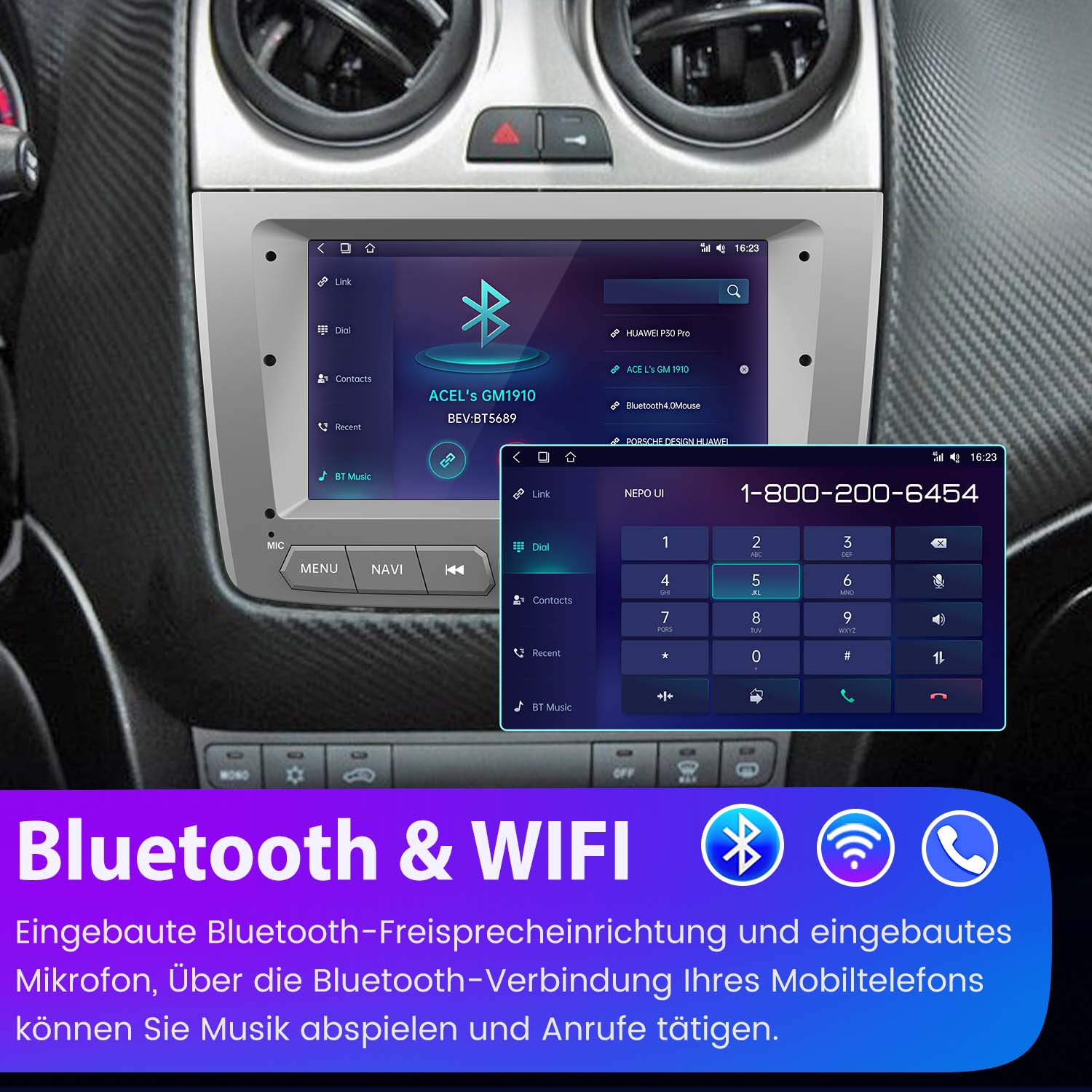 Wyświetlacz samochodu z opcjami Bluetooth i WiFi. Zawiera interfejs wybierania numeru.