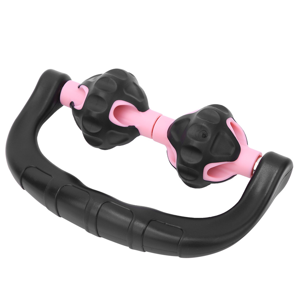 Schwarz-rosa Massagerolle auf weißem Hintergrund.