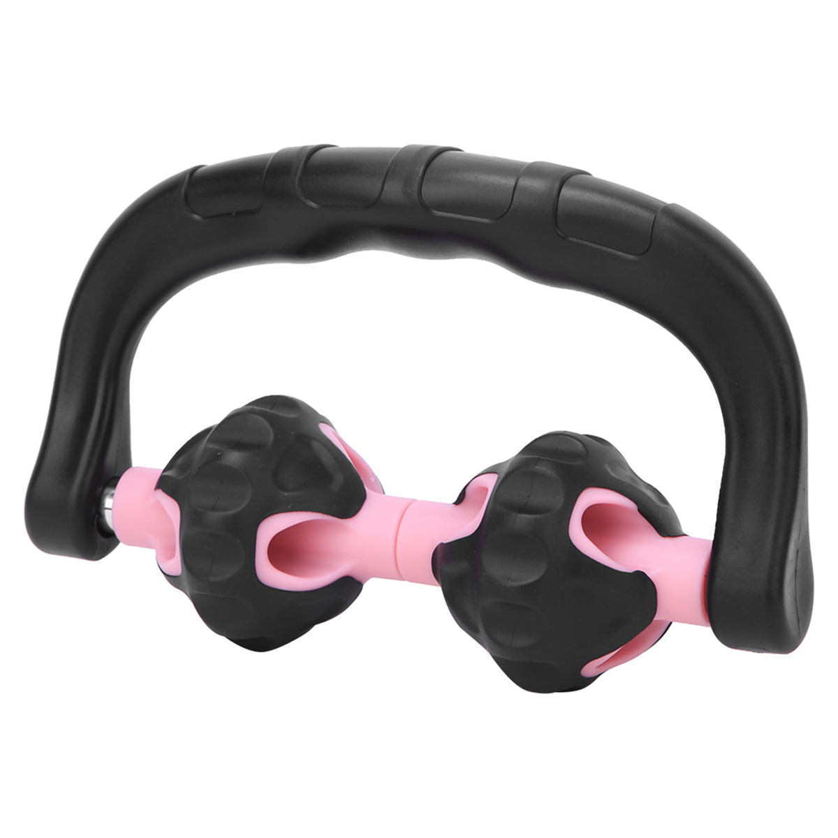 Eine schwarz-rosa Massagerolle mit Griff und zwei strukturierten Kugeln.