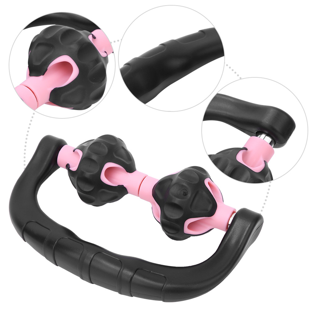 Eine schwarz-rosa Massagerolle. Die Rolle hat zwei rosa Kugeln und schwarze Griffe.