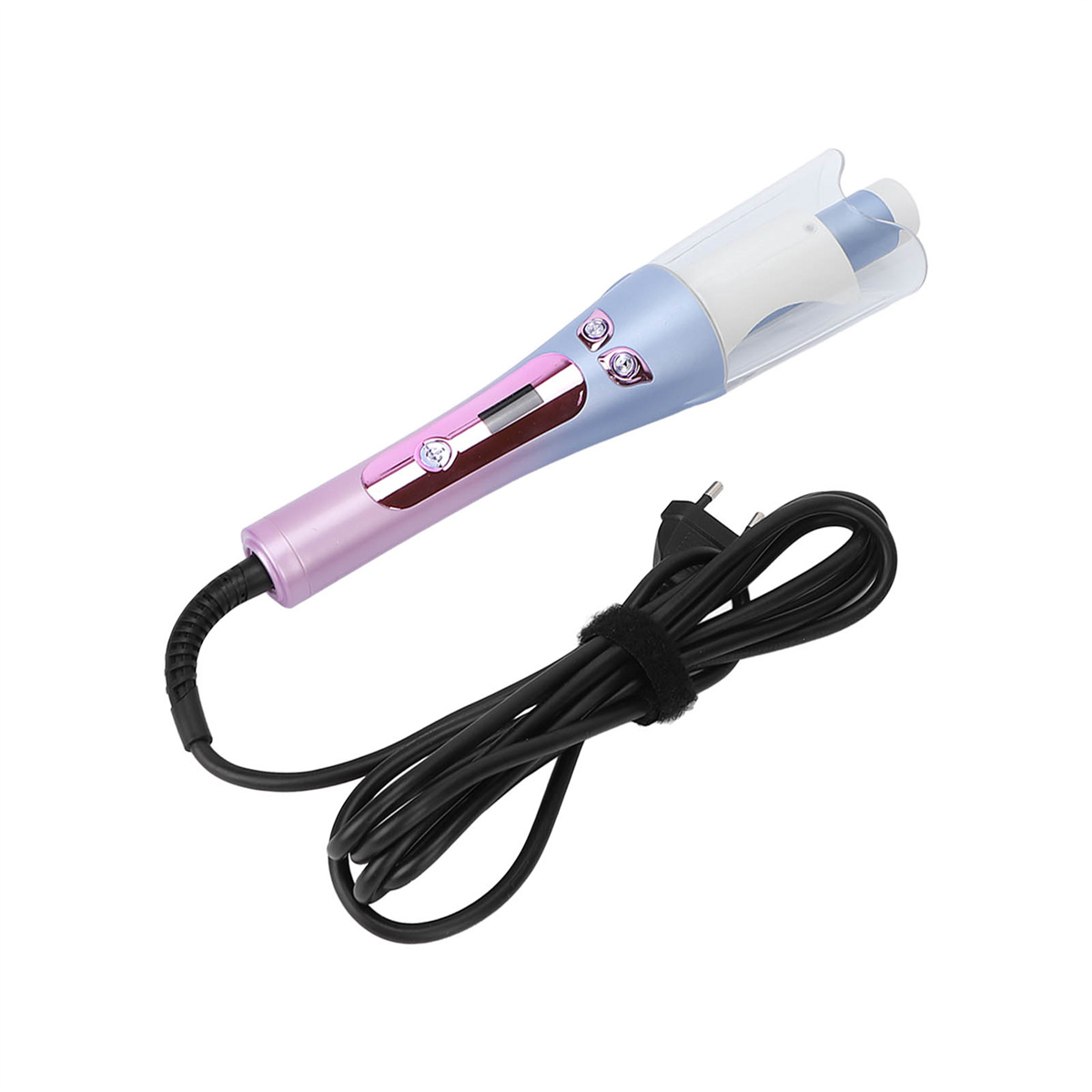 Haar-Lockenstab, rosa und blau, mit einem schwarzen Netzkabel. Weißer Hintergrund.