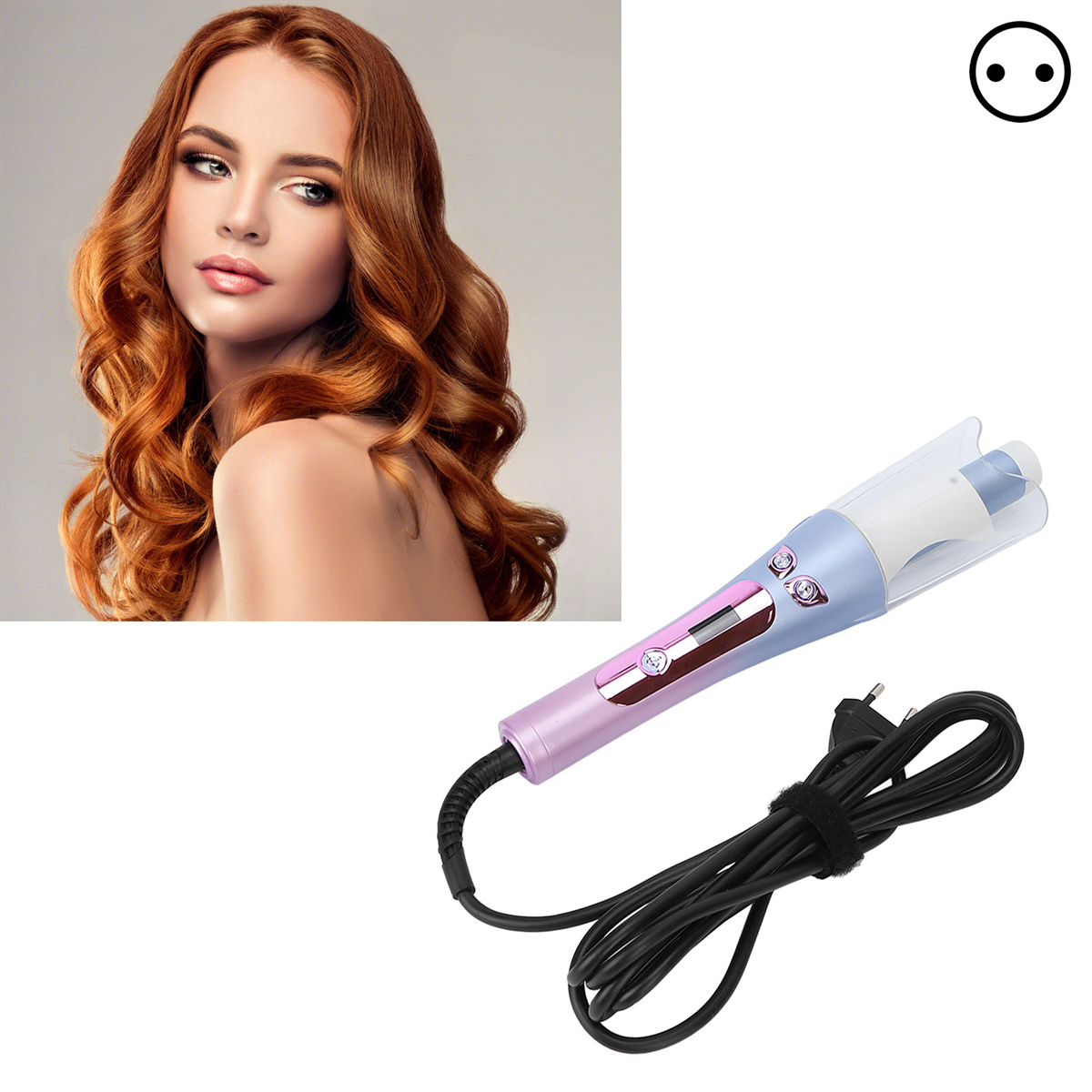 Frau mit roten Haaren und Lockenstab. Lockenstab hat pinke und blaue Details.