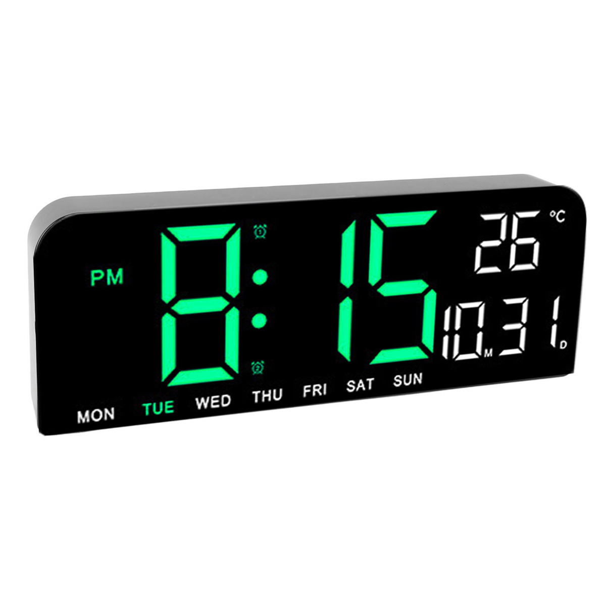 Eine schwarze Digitaluhr, die Zeit und Datum anzeigt.