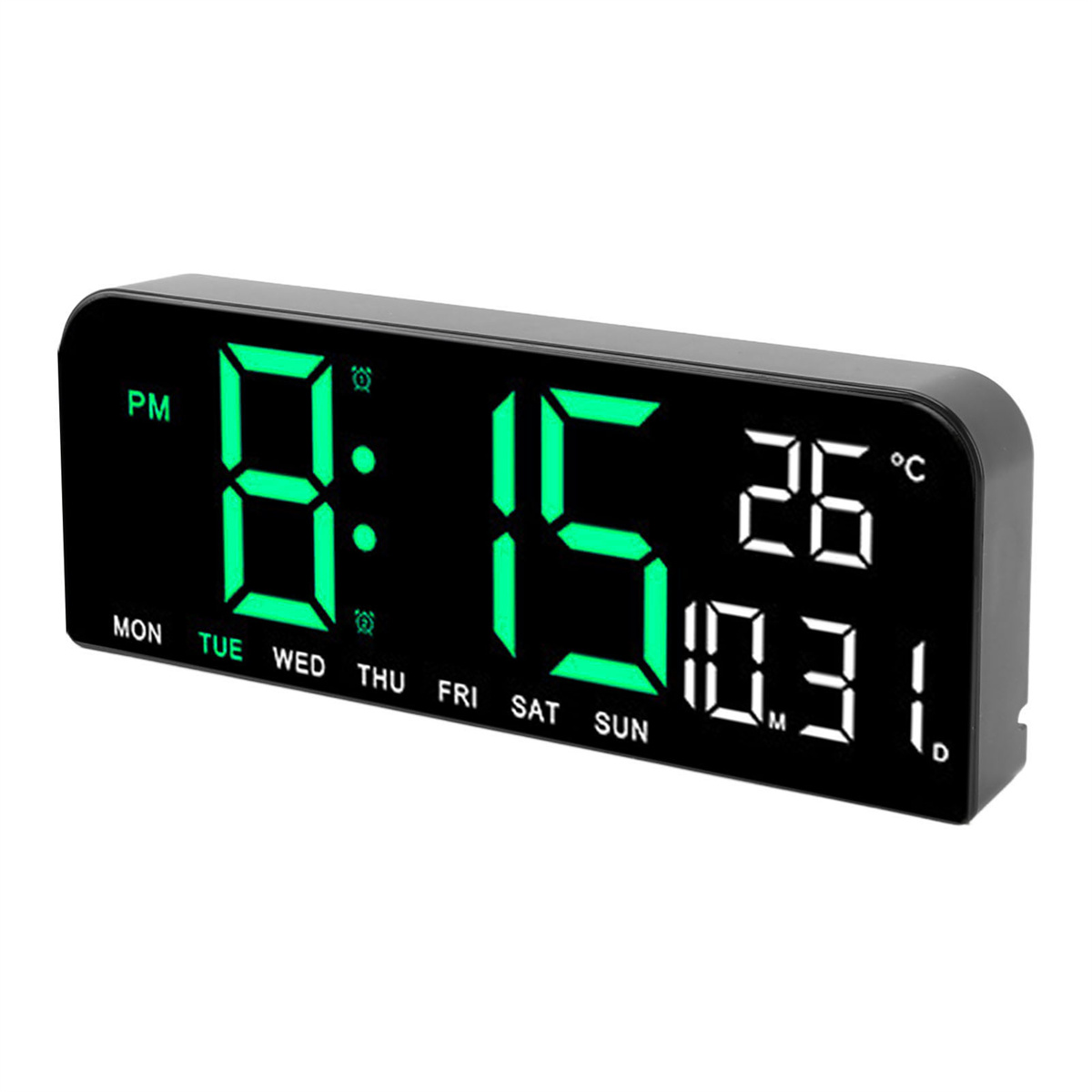 Eine Digitaluhr mit der Anzeige 8:15 und dem Datum 10.31.