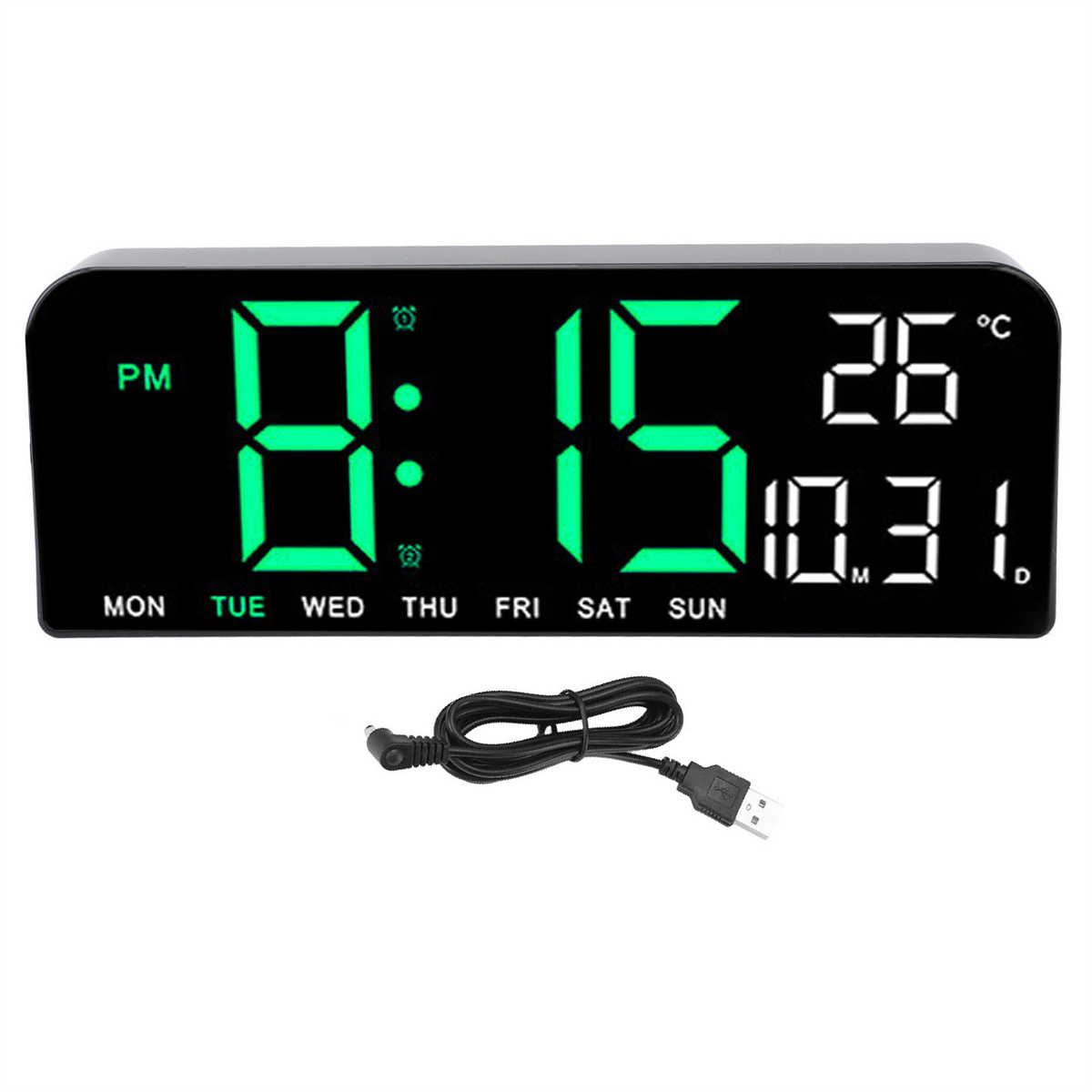 Eine schwarze Digitaluhr zeigt die Zeit 20:15 Uhr, das Datum 31.10. und die Temperatur 26°C an. Ein USB-Kabel liegt darunter.