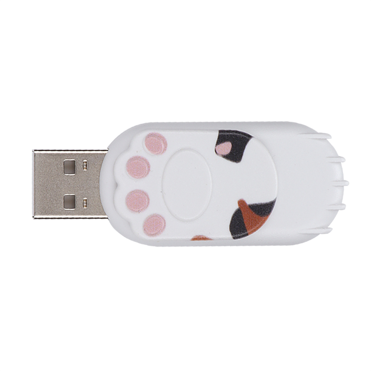 Ein weißer USB-Stick in Form einer Katzenpfote. Er hat einen USB-Anschluss an einem Ende.