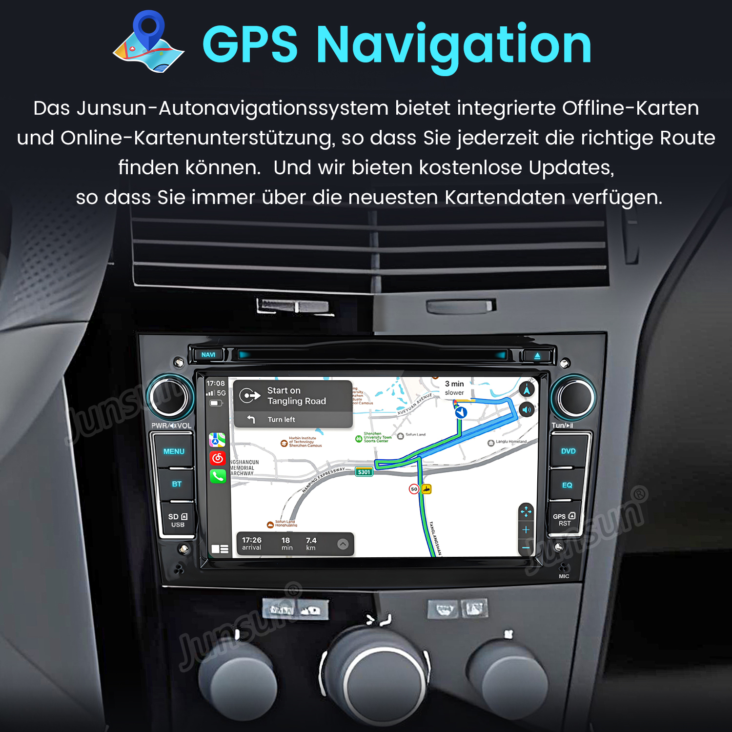 System stereo samochodowy z ekranem nawigacji, pokazującym mapę i elementy sterujące. Widoczny tekst nawigacji GPS.