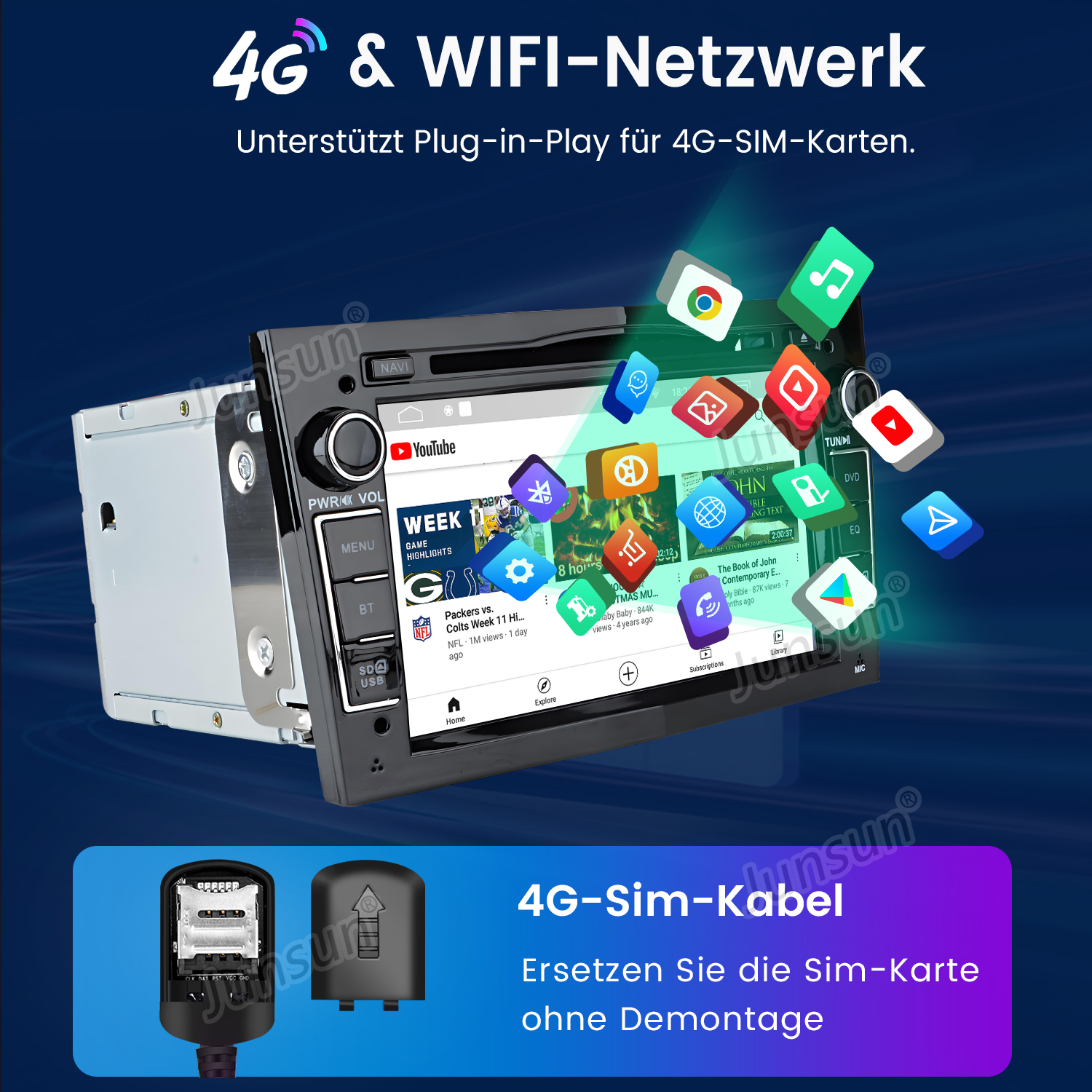 Radio samochodowe z ekranem dotykowym, pokazujące ikony aplikacji. Tekst z funkcjami 4G i WiFi. Czarno-srebrny.