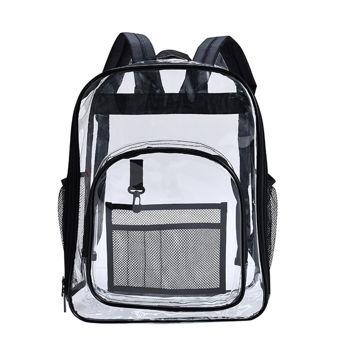 Transparenter Rucksack mit schwarzem Besatz. Er hat eine Reißverschlussfront und seitliche Netztaschen. Weißer Hintergrund.