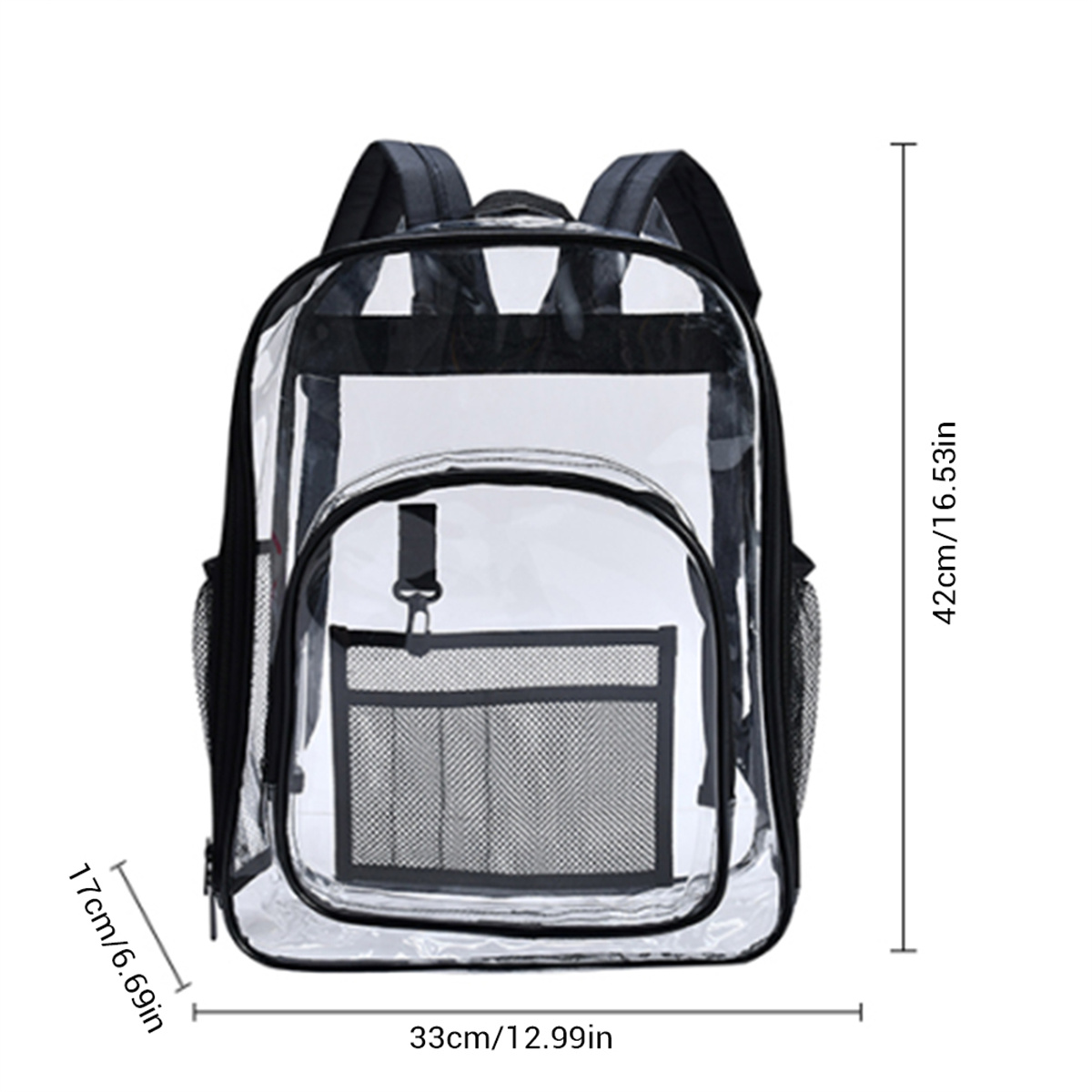 Transparenter Rucksack mit schwarzer Einfassung, sichtbarem Inhalt und Außentaschen.