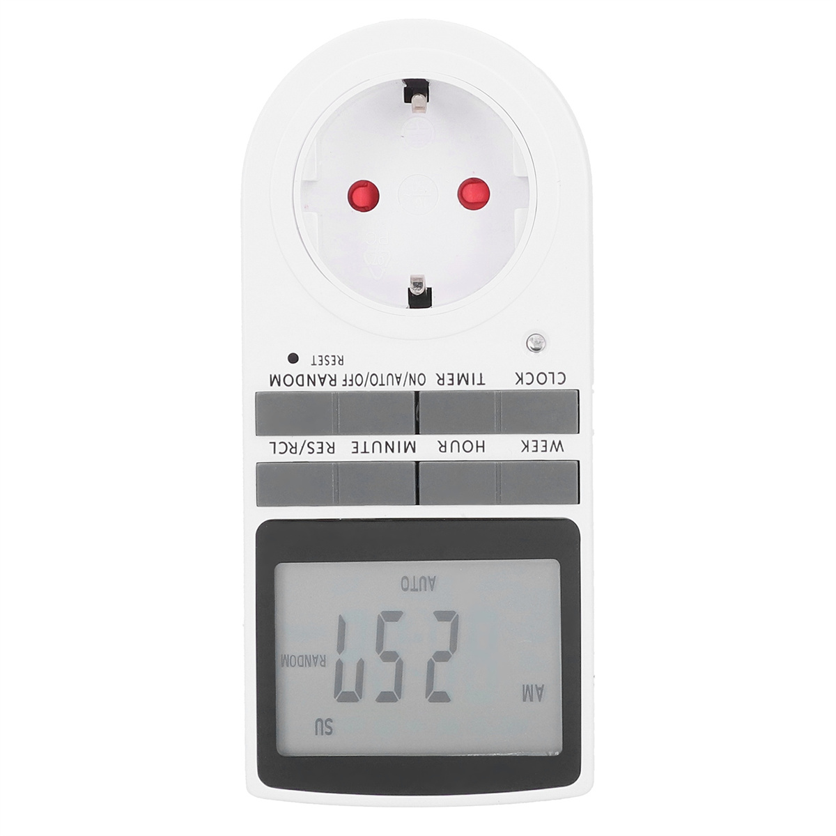 Weißer digitaler Timer mit Display, Tasten und Steckdose zum Anschließen von Geräten.