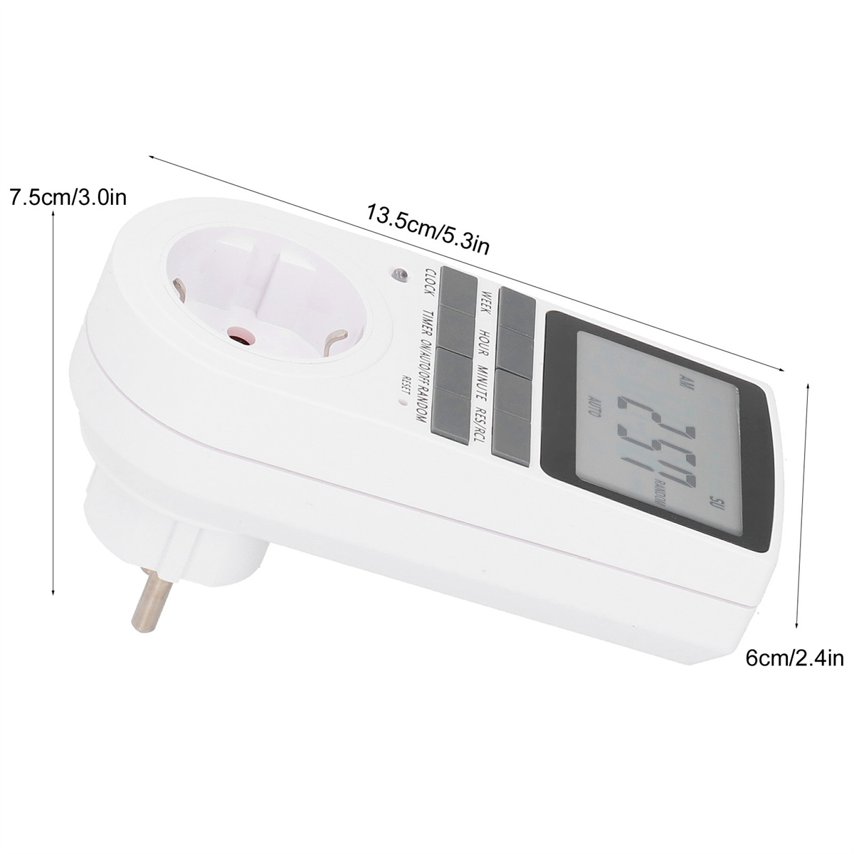 Ein weißer elektrischer Timer mit Digitalanzeige und Stecker. Abmessungen werden ebenfalls angezeigt.