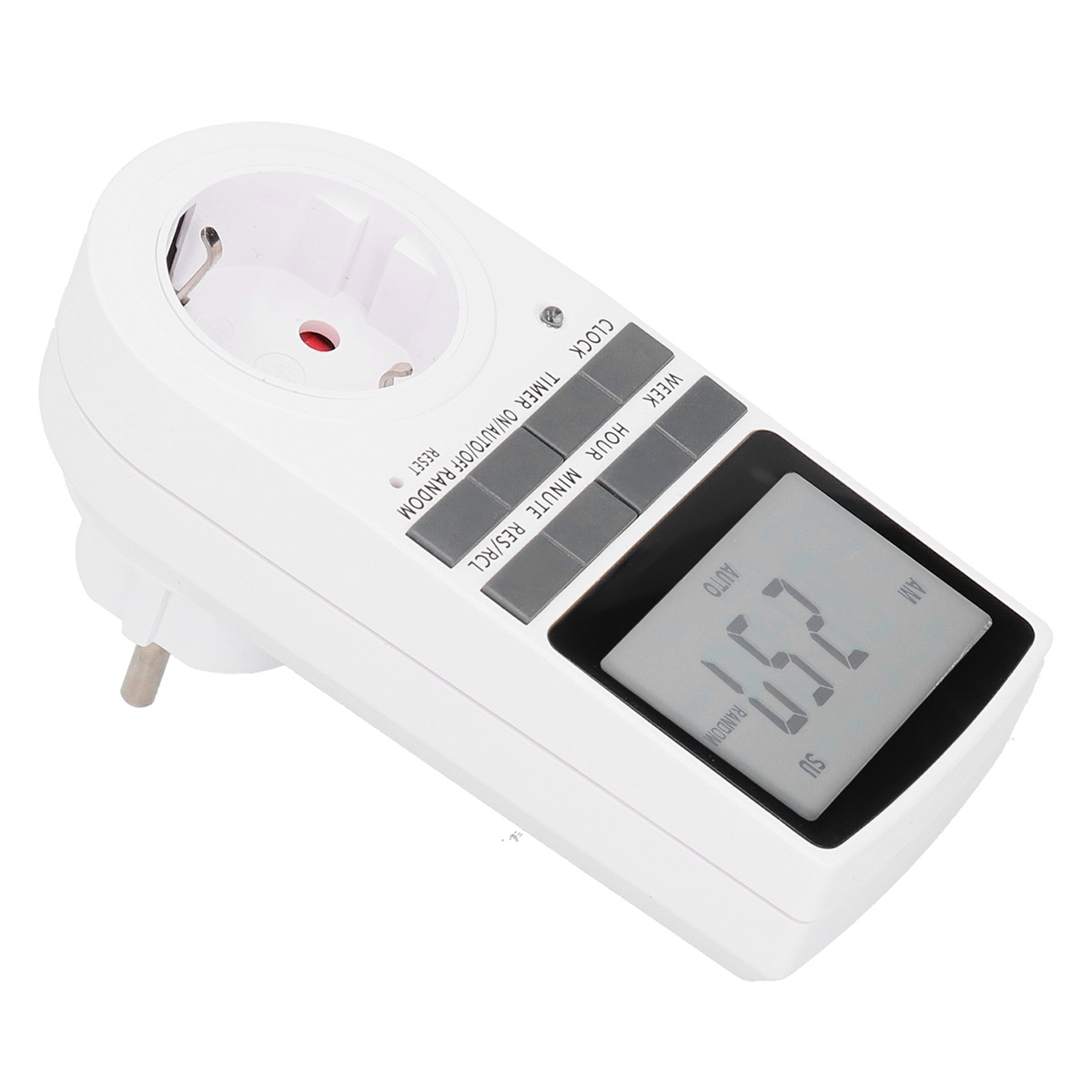 Weißer Stromtimer mit Digitalanzeige und Knöpfen.