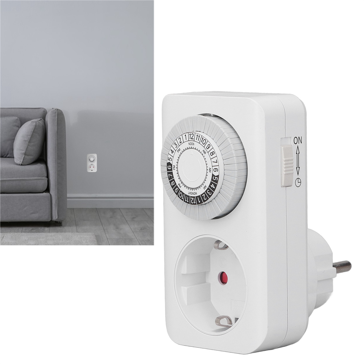 Weißer elektrischer Timer mit Steckdose und Stecker, Ein/Aus-Schalter.