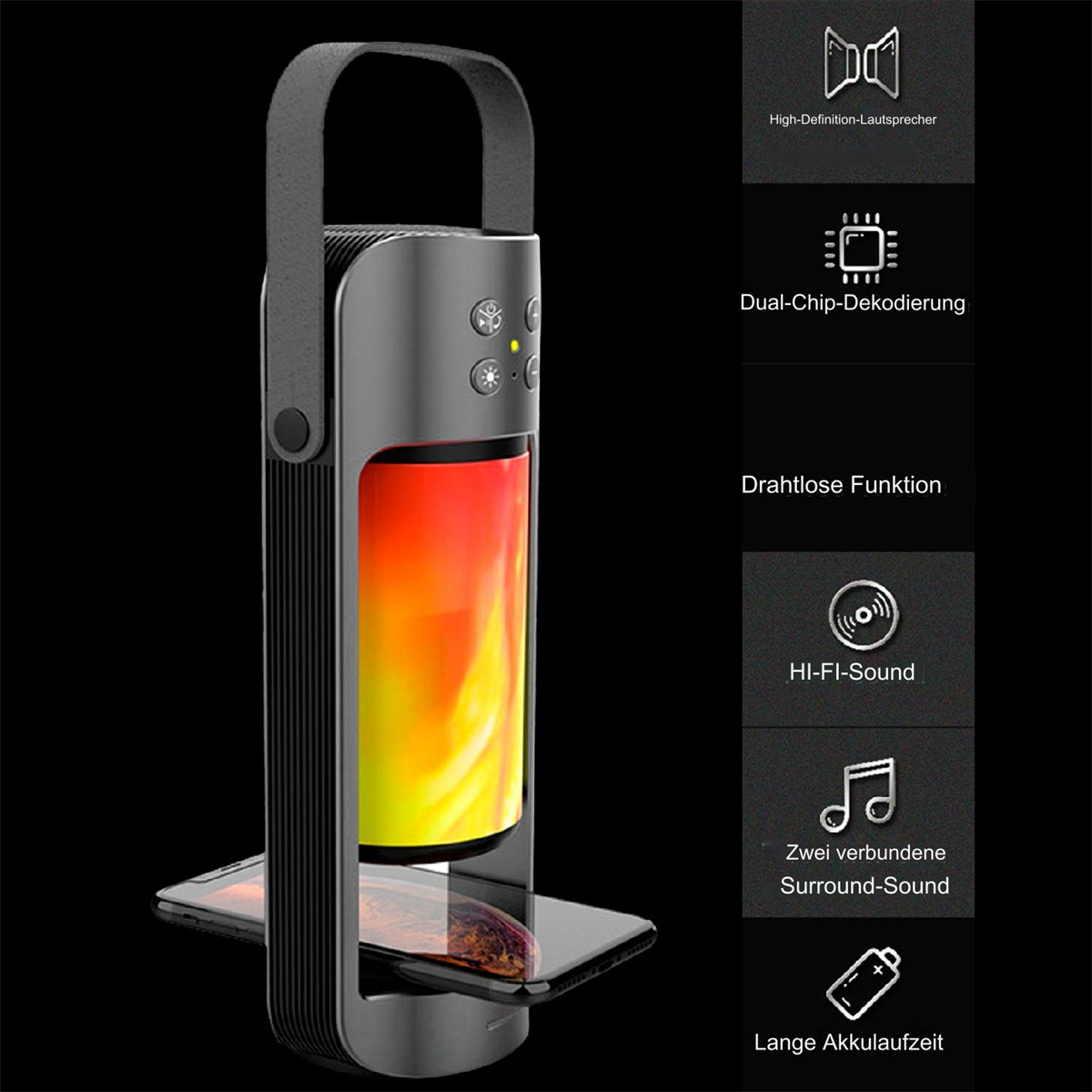 Ein schwarzer und grauer Lautsprecher mit Licht und einem Telefon auf einer Plattform.