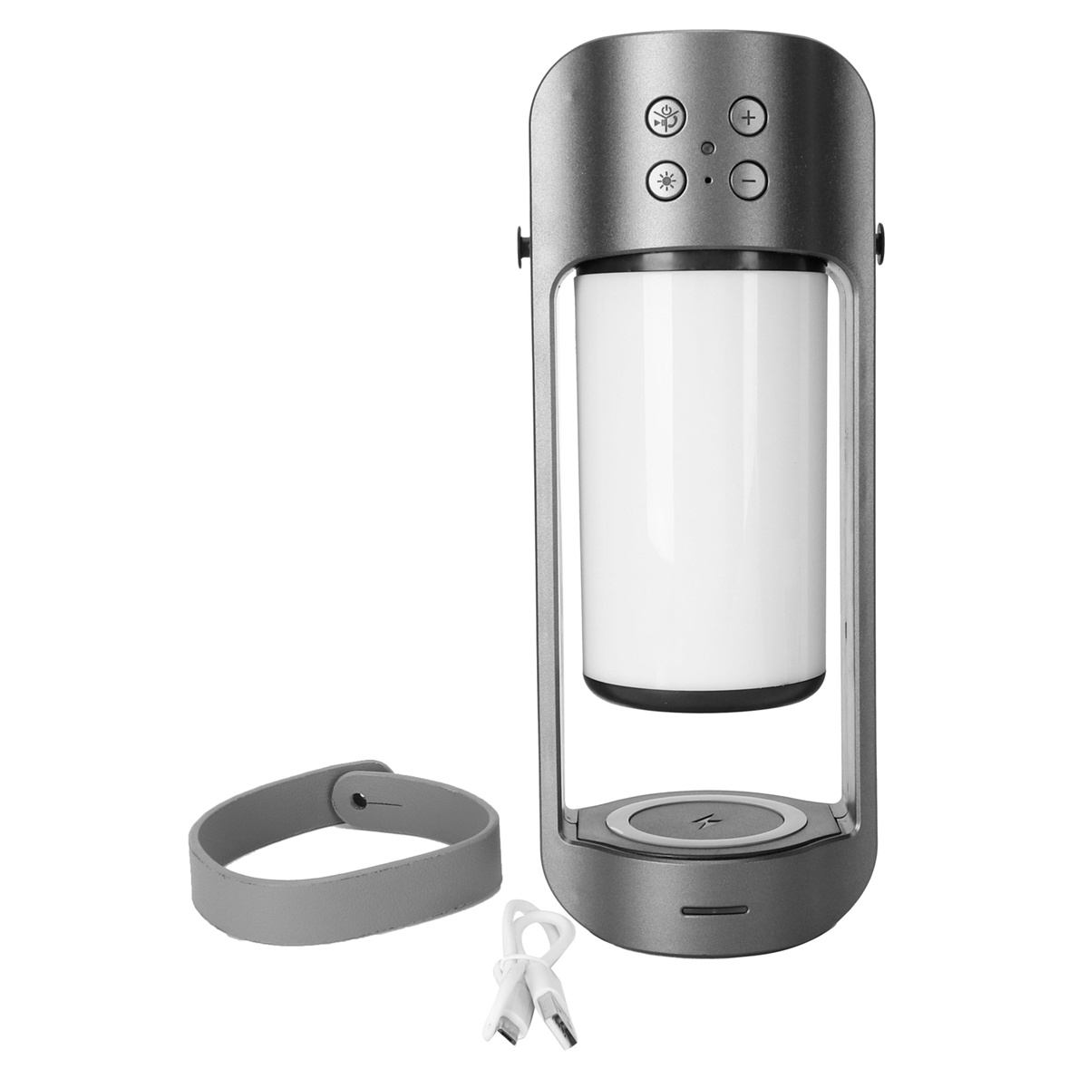 Graue zylindrische Lampe mit Riemen und Ladekabel.