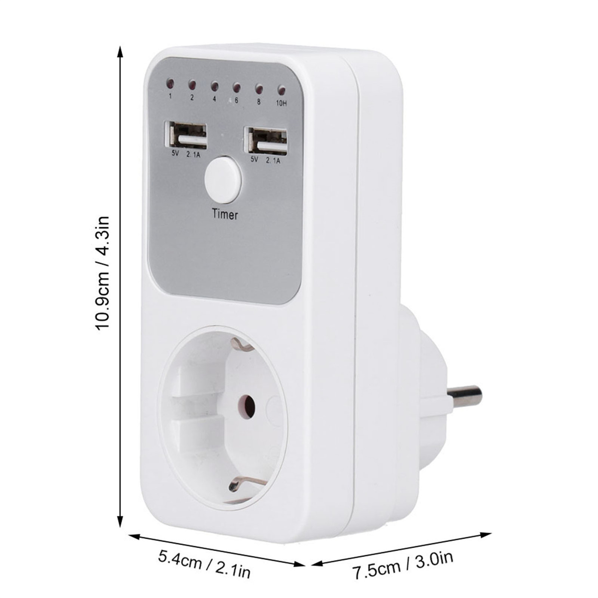 Weißer Netzadapter mit Timer, Steckdose und zwei USB-Anschlüssen.
