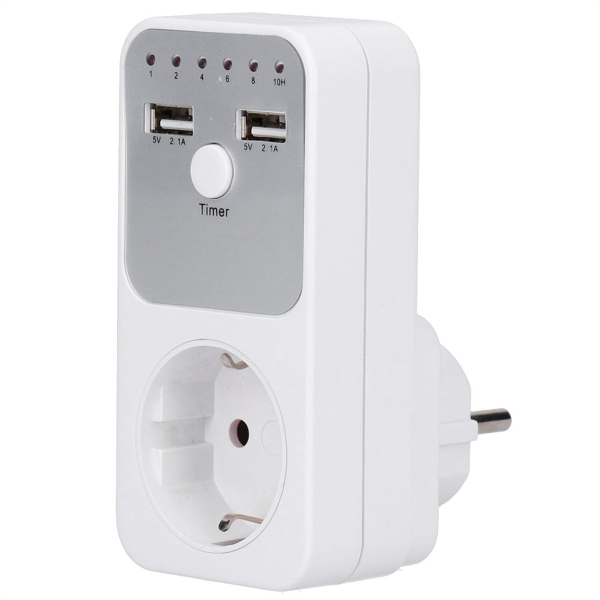 Weißer Netzadapter mit zwei USB-Anschlüssen und einer Steckdose. Verfügt über eine Timer-Steuerung.