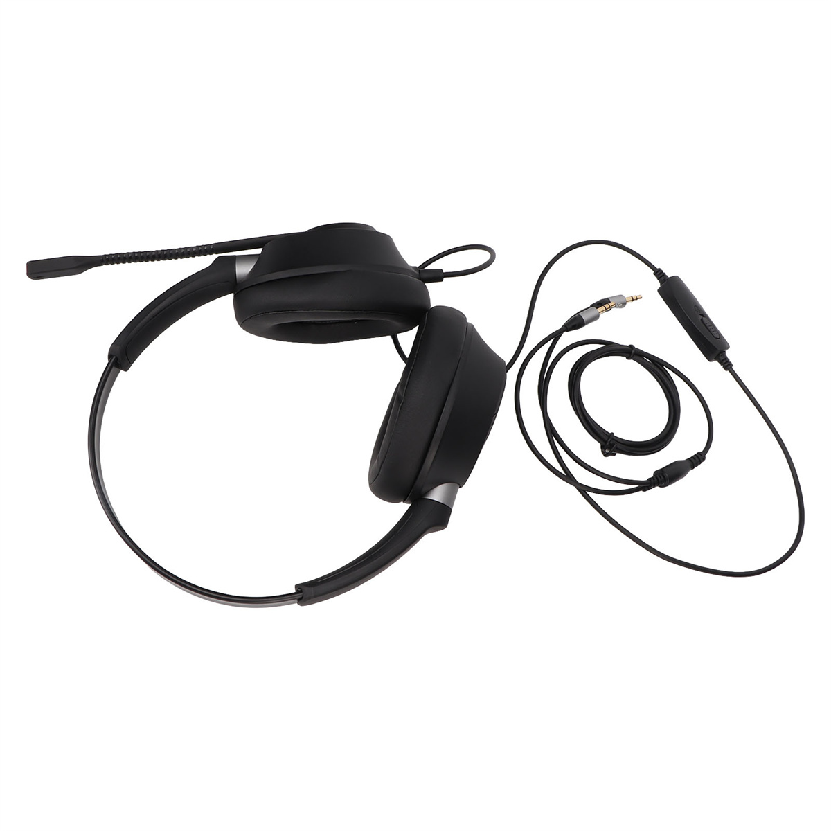 Schwarzes Headset mit Mikrofon, Steuerung und Kabeln. Weißer Hintergrund.