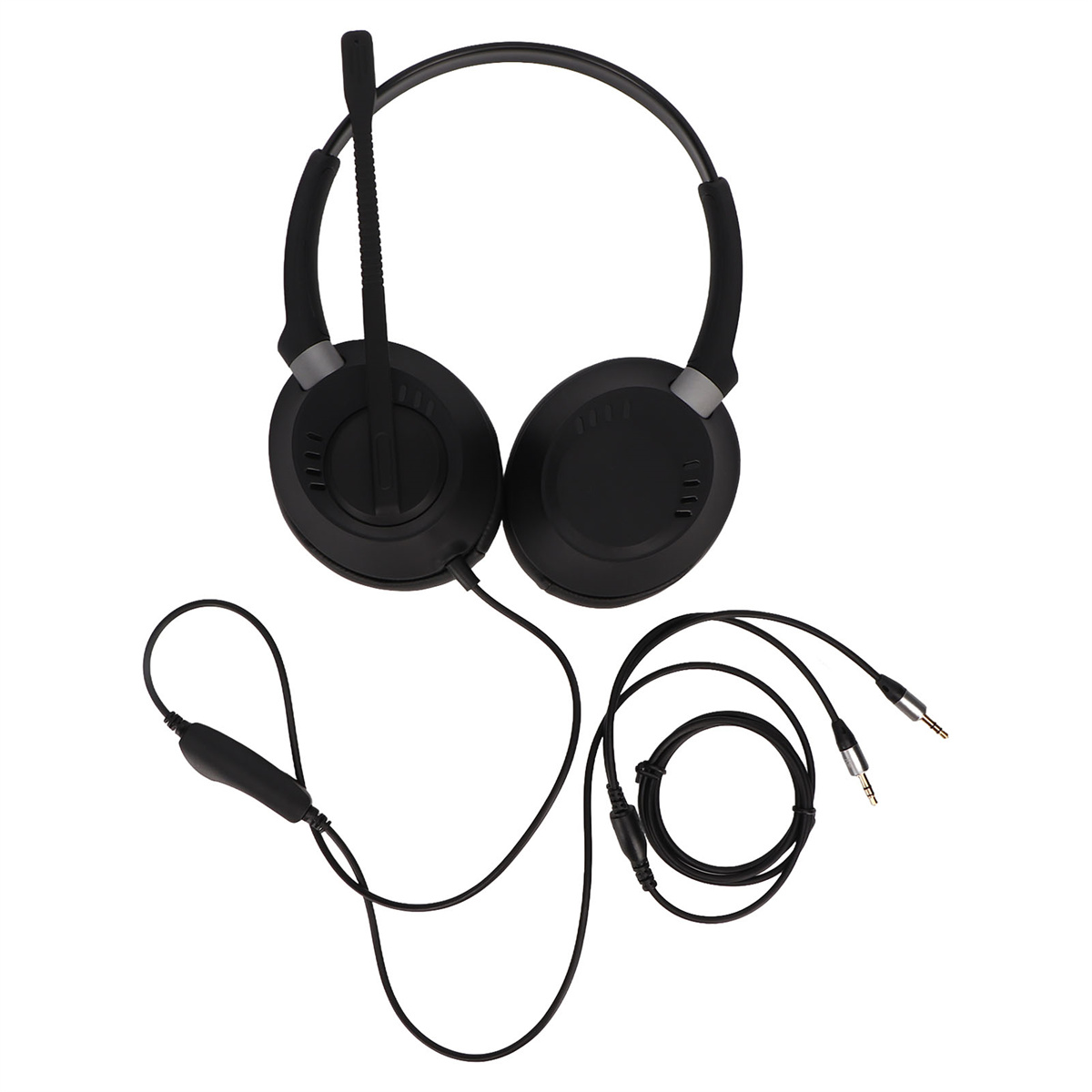 Schwarze Kopfhörer mit Mikrofon und Lautstärkeregler, mit zwei separaten Audioanschlüssen.