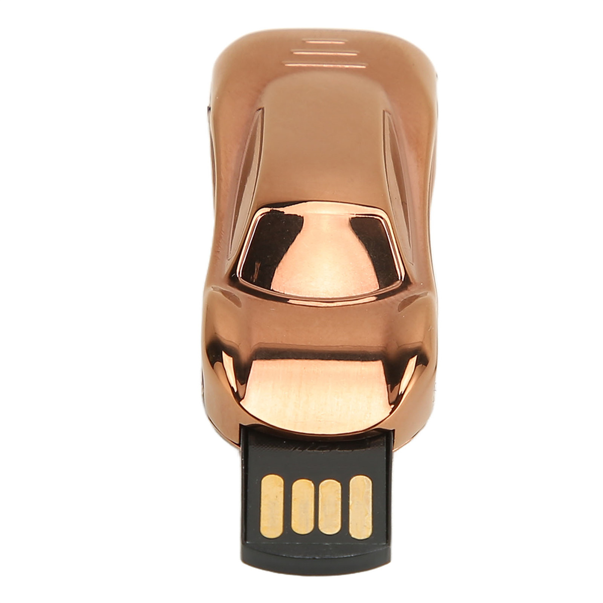 Ein kupferfarbener USB-Stick in Form eines Autos. Der USB-Anschluss ist schwarz.