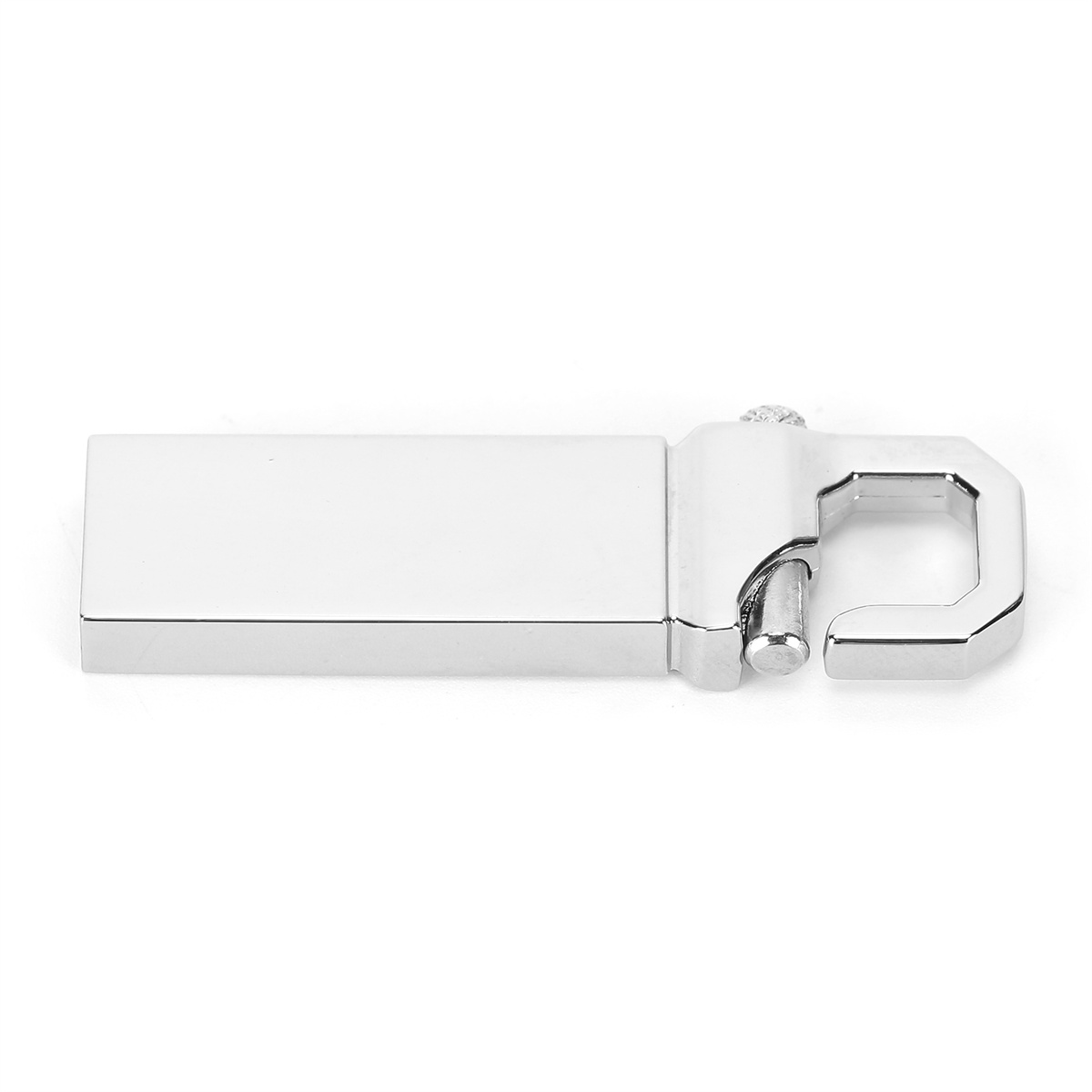 Silberner USB-Stick mit Metallverschluss auf weißem Hintergrund.
