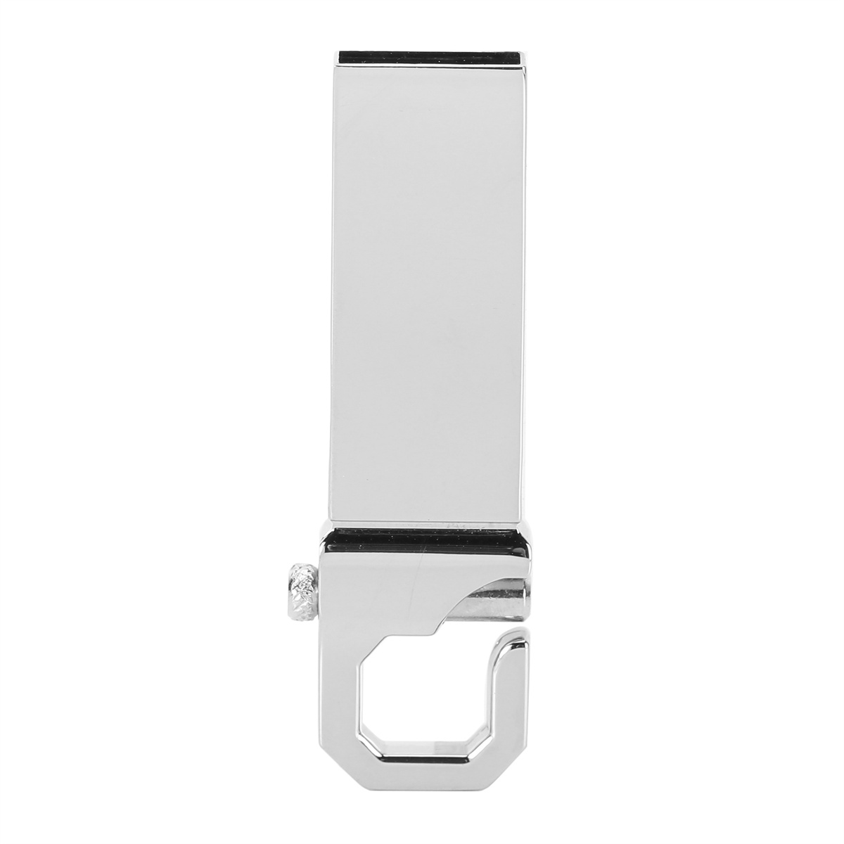Silberner Metallclip mit einem Haken am Boden.