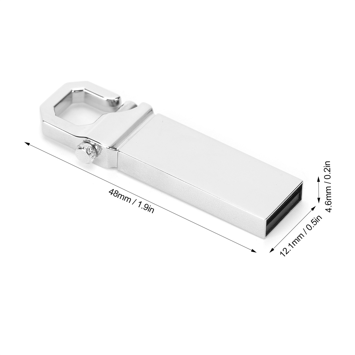 Ein silberner USB-Stick mit Haken, mit Abmessungen in Millimetern/Zoll, vor weißem Hintergrund.