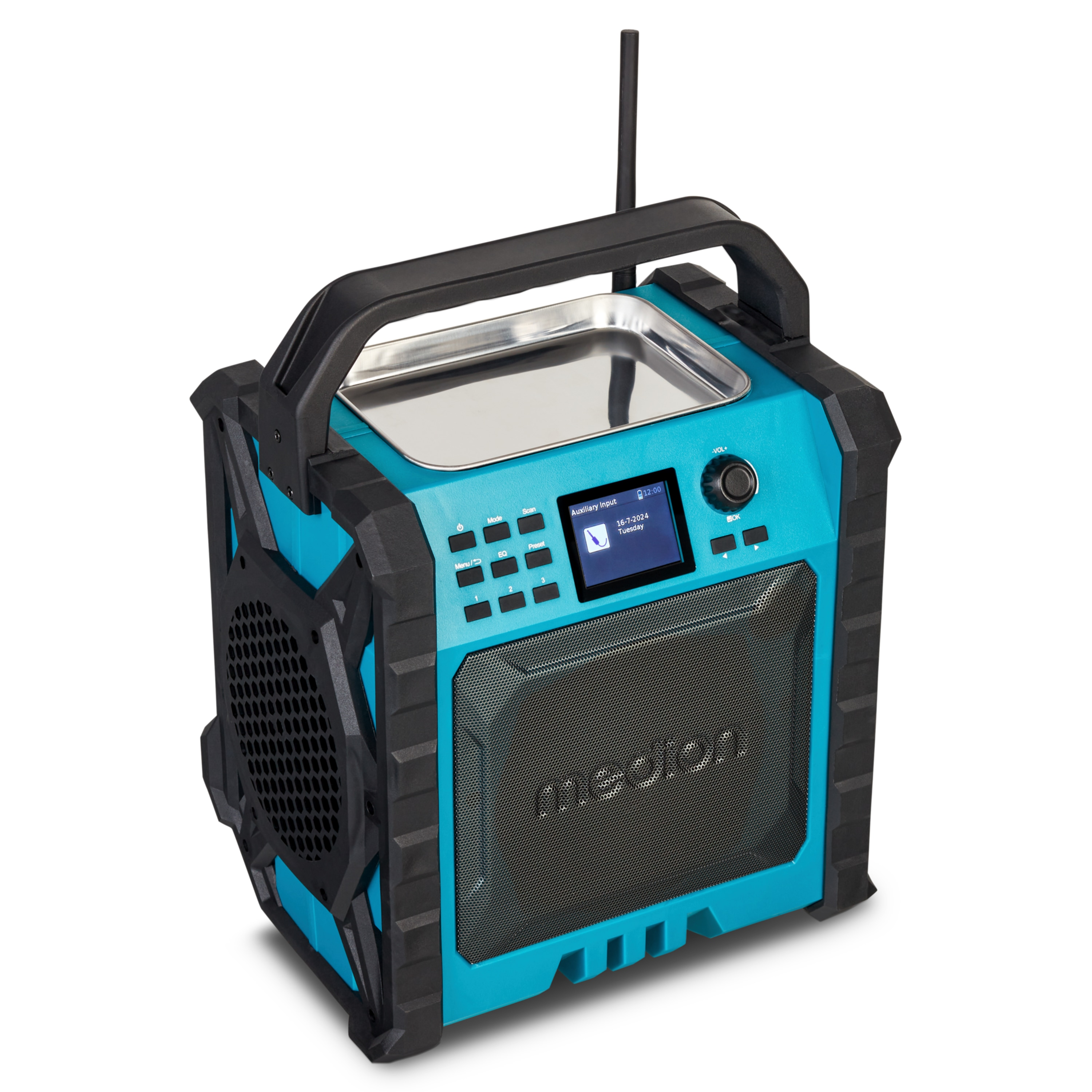 Une radio portable turquoise et noire avec une poignée et un écran. Elle a des boutons et une antenne.