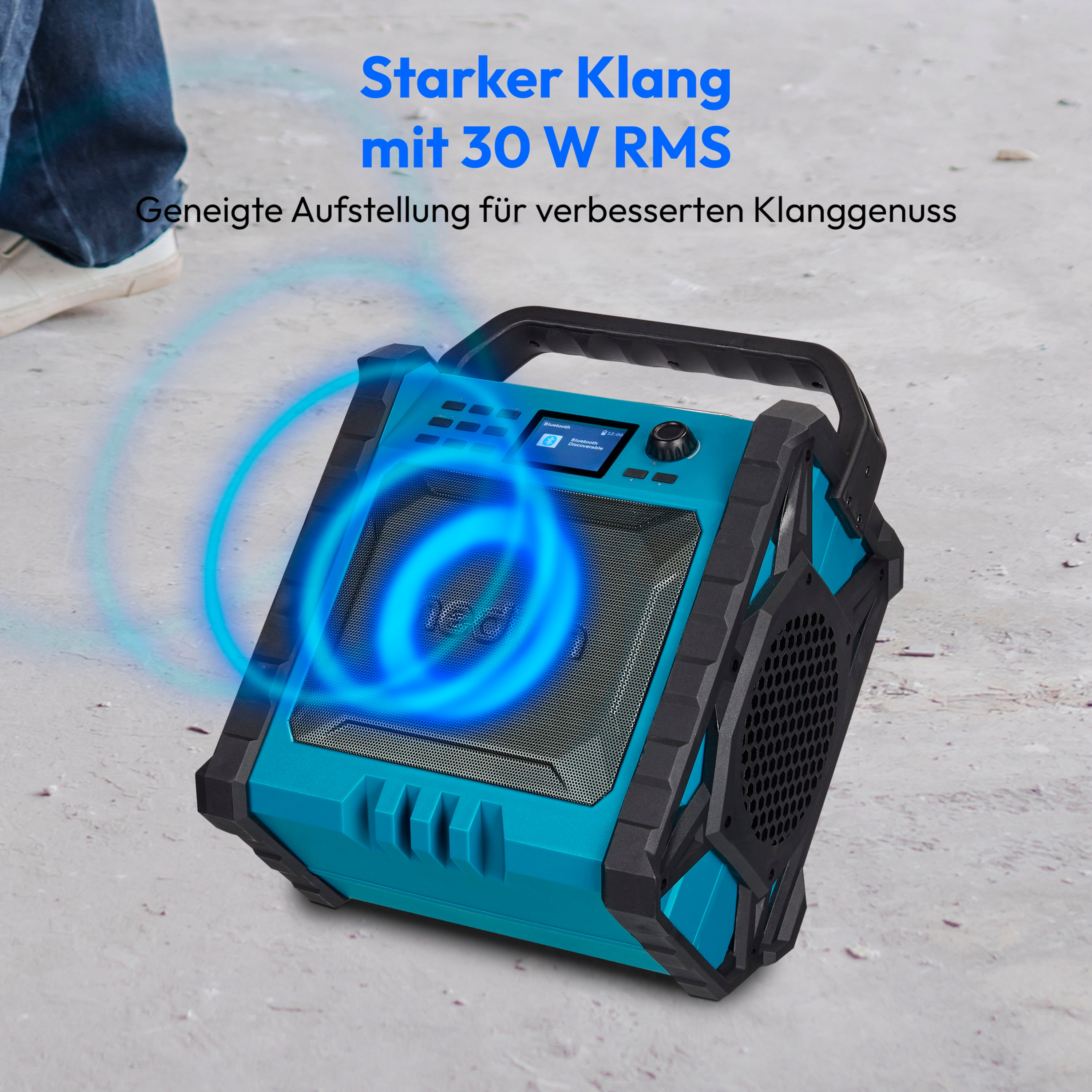 Radio turquoise avec ondes sonores, accents bleus et haut-parleur noir.