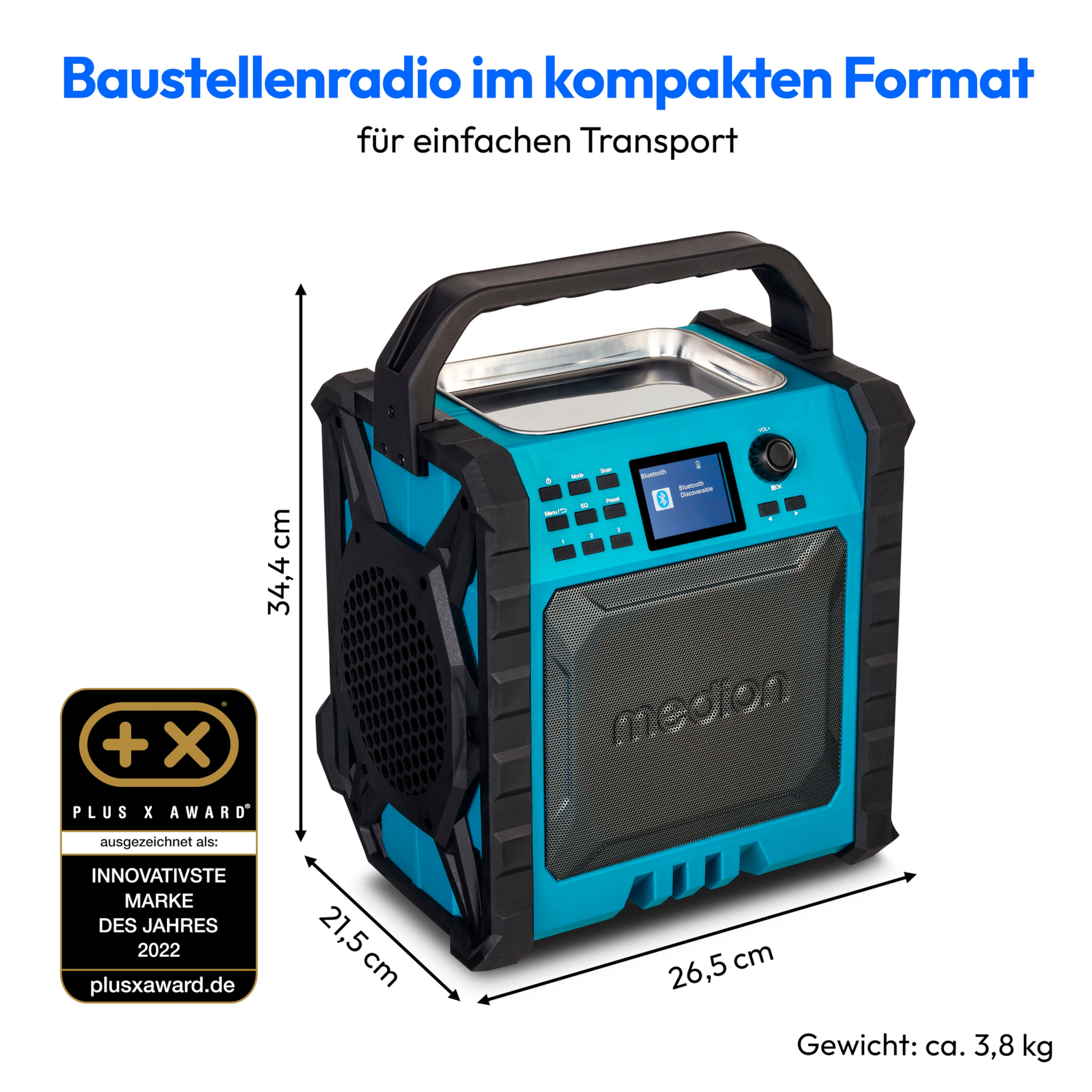 Radio portable bleu et noir avec dimensions et texte en allemand, plus un 'Plus X Award'.