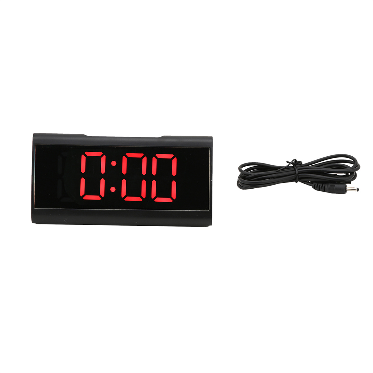 Schwarze Digitaluhr mit der Anzeige 0:00 und einem schwarzen Netzkabel.