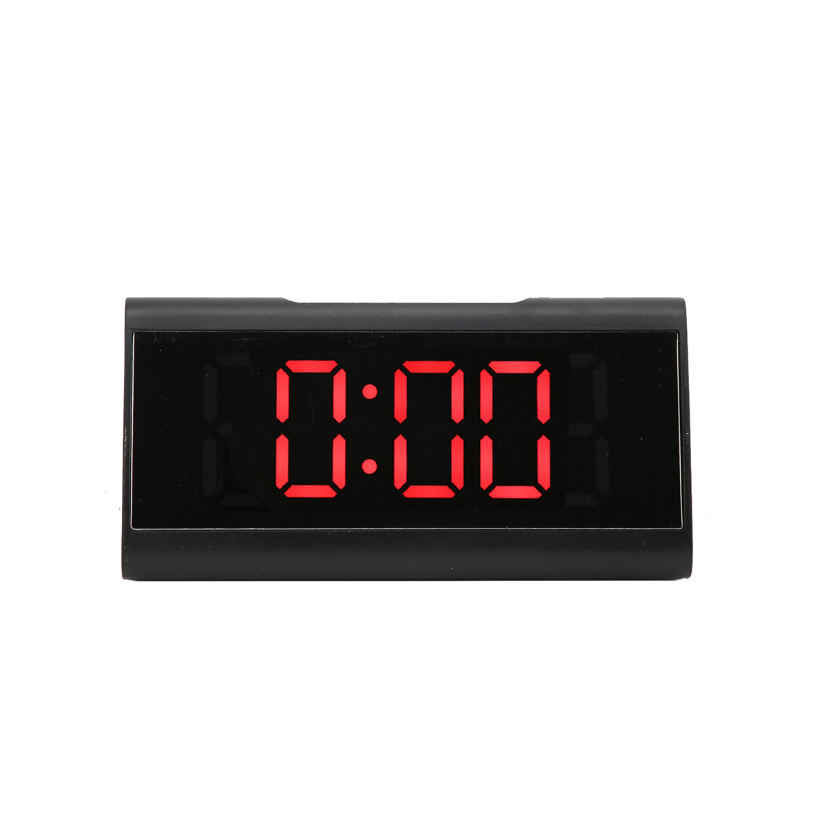 Eine schwarze Digitaluhr, die 0:00 in roten Zahlen anzeigt. Der Hintergrund ist weiß.