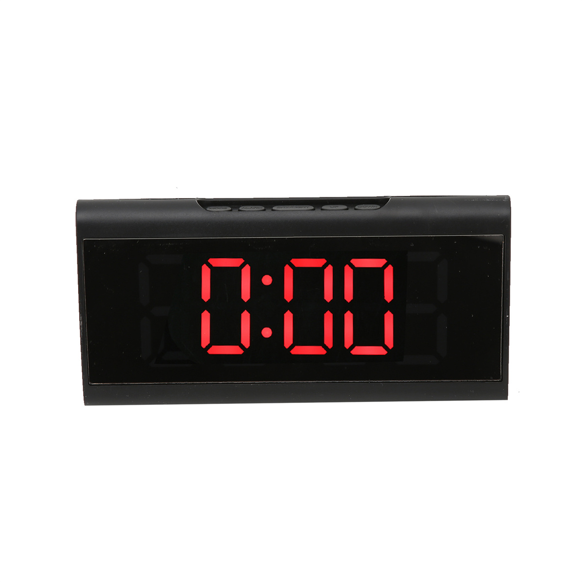 Eine schwarze Digitaluhr, die 0:00 in roten Ziffern anzeigt, weißer Hintergrund, Nahaufnahme.
