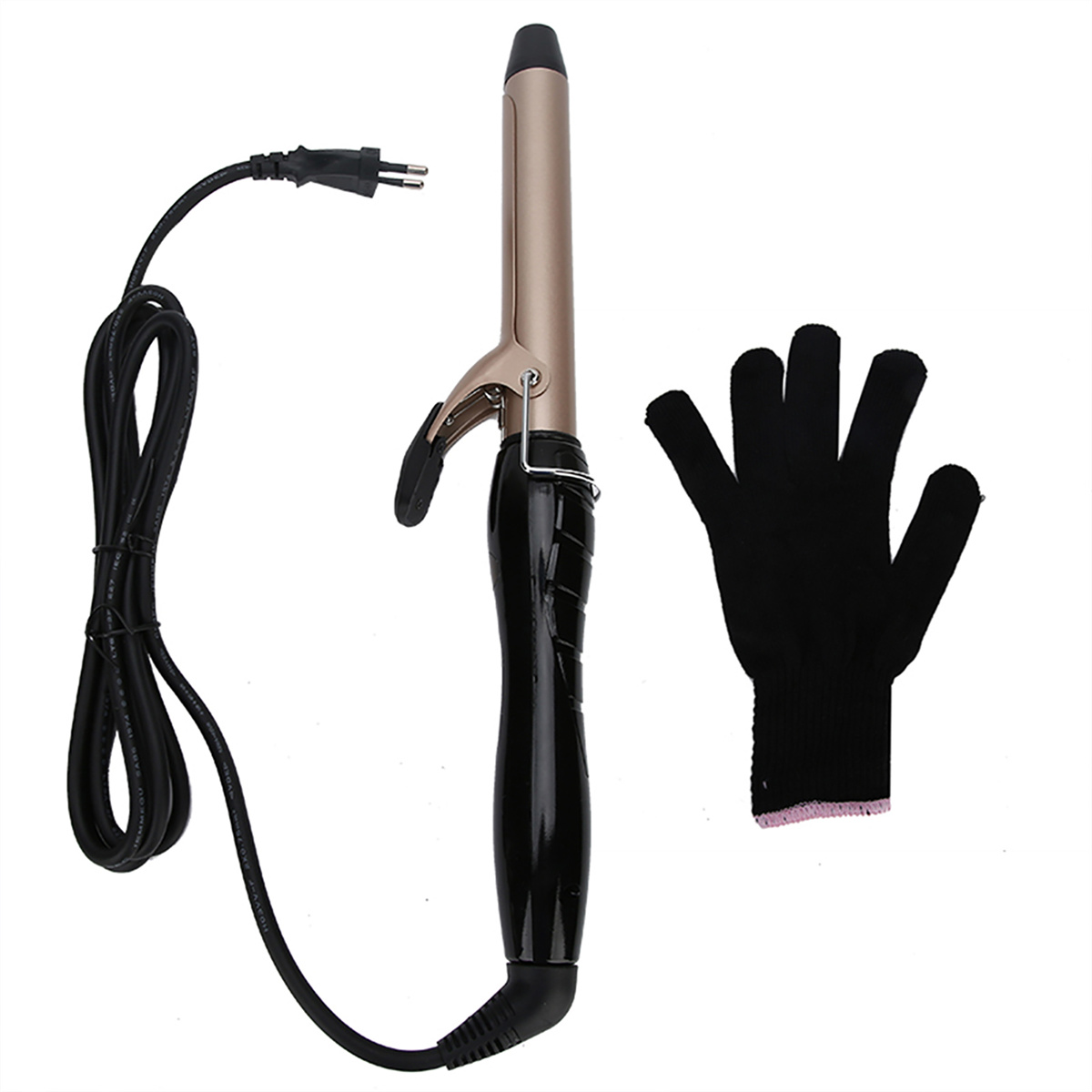 Lockenstab mit schwarzem Kabel, hitzebeständigem Handschuh und weißem Hintergrund.