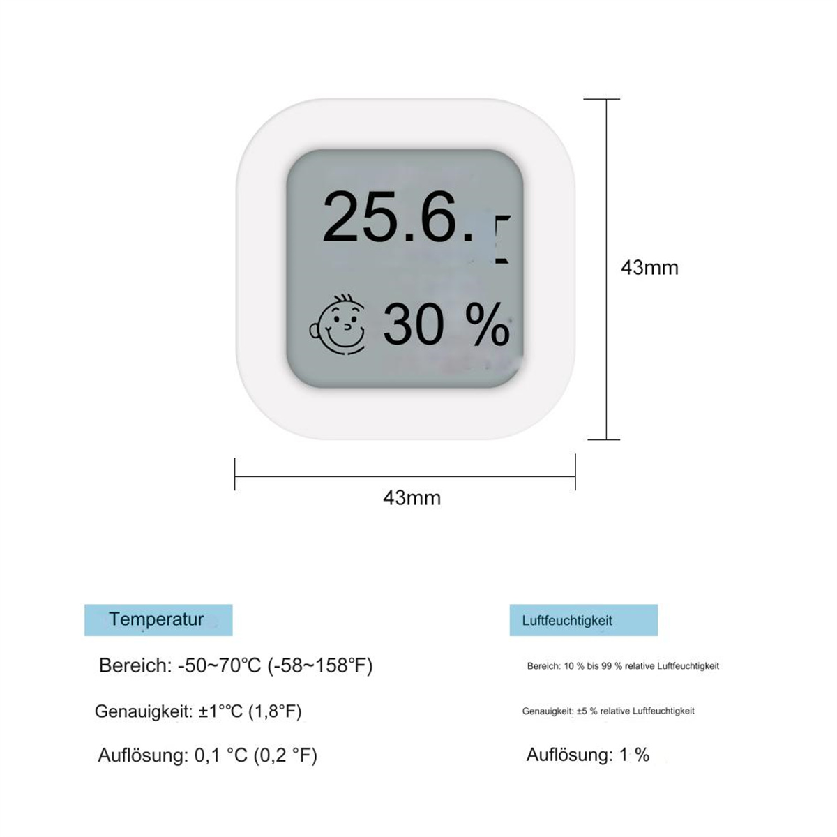 Ein kleines, weißes, quadratisches Gerät, das 25,6 und 30 % anzeigt, wahrscheinlich zur Messung von Temperatur und Luftfeuchtigkeit.