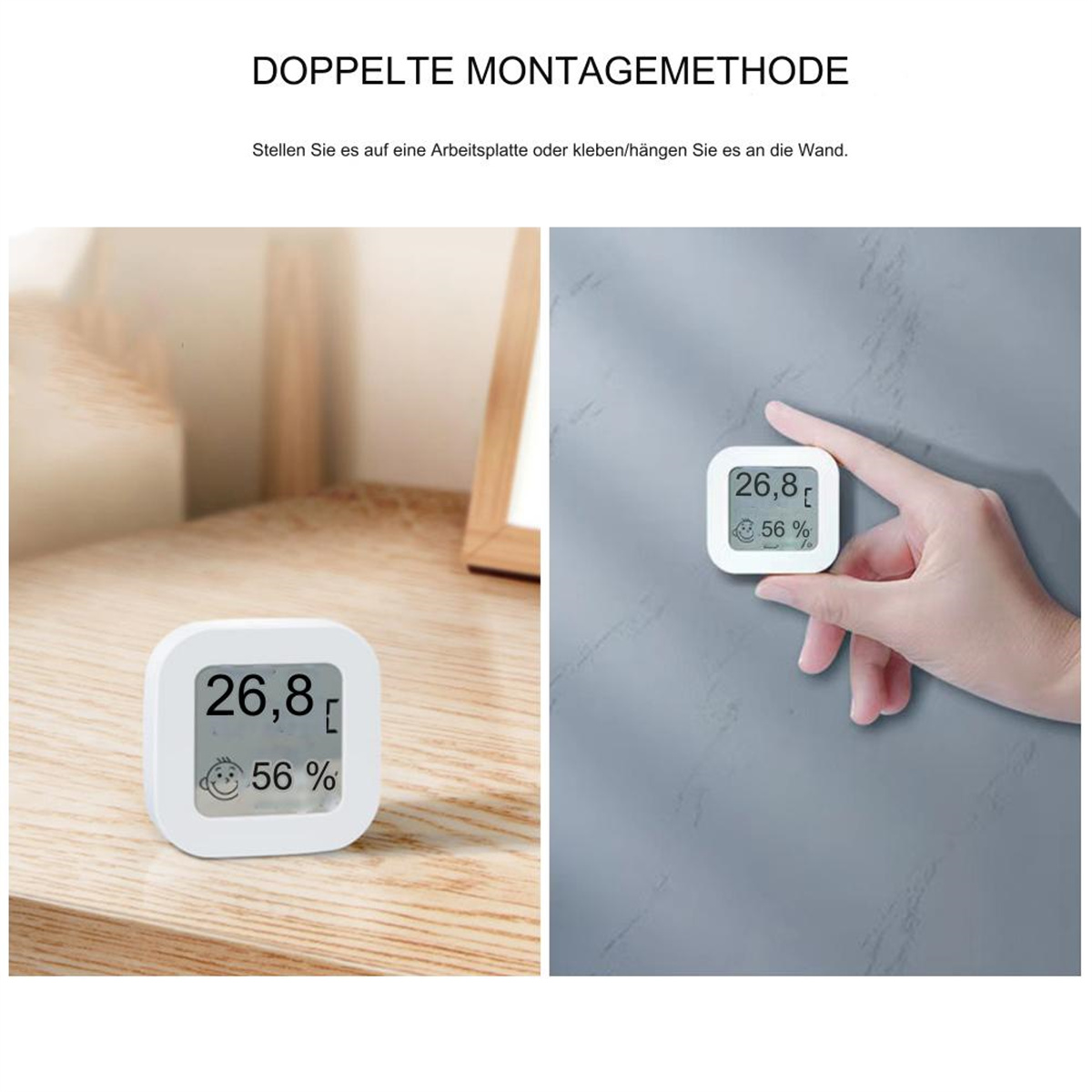 Zwei Bilder: Thermometer an der Wand und in der Hand. Zeigt 26,8 Grad und 56%.